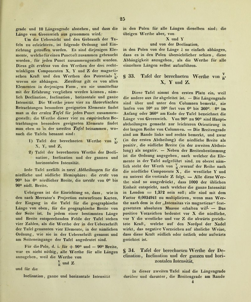 grade und 10 Langengrade abstehen, und dass die Lange von Greenwich aus genommen wird.' Um die Uebersicht und den Gebraucli der Ta- feln zu erleichtern, ist folgende Ordnung und Ein- richtung getroffen worden. Es sind diejenigen Ele- mente, welchefiir einen Punctoftzusammen gebraucht werden, fiir jeden Punct zusaminengestellt worden. Diess silt erstens von den Werthen der drei recht- winkligen Componenten X, Y und Z der magneti- schen Kraft und den Werthen des Potentials woven sie abhangen. Ziveitens gilt es von alien Elementen in derjenigen Form, wo sie unmittelbar mit der Erfahrung verglichen werden konnen, nam- lich Declination, Inclination, horizontale und ganze Intensitat. Die Werthe jener vier zu tlieoretischen Betrachtungen besonders geeigneten Elemente findet man in der ersten Tafel fiir jeden Punct zusaramen- gestellt; die Werthe dieser vier zu empirischen Be- trachtungen besonders geeigneten Elemente flndet man eben so in der ziveiten Tafel beisammen, wo- nach die Tafeln benannt sind: 1) Tafel der berechneten Werthe von X, Y, und Z, 2) Tafel der berechneten Werthe der Decli- nation, Inclination und der ganzen und horizontalen Intensitat. lede Tafel zerfallt in zwei Abtheilungen fiir die nordliche und siidliche Ilemisphare: die erste von 90° bis 0® nordlicher Breite, die ziveite von 0® bis 90® siidl. Breite. Uebrigens ist die Einrichtung so, dass, wie in den nach Mercator’s Projection entworfenen Karten, der Eingang in die Tafel fiir die geographische Lange von oben, fiir die geographische Breite von der Seite ist. In jedem einer bestimmten Lange und Breite entsprechenden Pelde der Tafel stehen vier Zahlen, als die Werthe der in dor Ueberschrift der Tafel genannten vier Elemente, in der niimlichen Ordnung, wie sie in der Ueberschrift genannt und am Seiteneingange der Tafel angedeutet sind. Fiir die Pole, d. i. fiir + 90® und — 90® Breite, war es nicht nothig, alle Werthe fiir alle Langen anzugeben, weil die Werthe von ^ und Z und fiir die Inclination, ganze und horizontale Intensitat in den Polen fiir alle Langen dieselben sind; die iibrigen Werthe aber, von X und Y und von der Declination, in den Polen von der Lange X so einfach abhangen, dass es in den Polen iibersichtlicher schien, diese Abhangigkeit anzugeben, als die Werthe fiir alle einzelnen Langen selbst aufzufiihren. § 33. Tafel der berechneten Werthe von X, Y und Z. Diese Tafel nimmt den ersten Platz ein, weil die andere aus ihr abgeleitet ist. — Die Langengrade sind iiber und unter den Columnen bemerkt, sie laufen von 10® zu 10® fort von 0® bis 360®. 0® im Anfang oder 360® am Ende der Tafel bezeichnet die Lange vori Greenwich. Von 90® zu 90® sind Haupt- abtheilungen gemacht zur leichteren Orientirung in der langen Reihe von Columnen. — Die Breitengrade sind am Rande links und rechts bemerkt, und zwar (in der ersten Abtheilung) die nordliche Breite als positiv, die siidliche Breite (in der zweiten Abthei- lung) als negativ. — Neben der Breitenbestimmung ist die Ordnung angegeben, nach welcher die Ele- mente in der Tafel aufgefiihrt sind, zu oberst nam- lich steht der Werth von ^ ,worauf der Reihe nach die nordliche Componente X, die westliche Y und zu unterst die verticale Z folgt. — Alle diese Wer- the sind so ausgedriickt, dass 1000 der iiblichen Einheit entspricht, nach welcher die ganze Intensitat in London = 1,372 sein soli; alle sind mit dem Factor 0,0034941 zu multipliciren, wenn man Wer- the naeh dem in der „Intensitas vis magneticae“ fest- gesetzten absoluten Maasse erhalten will* — Das positive Vorzeichen bedeutet vor X die nordliche, vor Y die westliche und vor Z die abwarts gerich- tete Kraft, welche auf den Nordpol der Nadel wirkt, das negative Vorzeichen auf ahnliche Weise, dass diese Kraft siidlich oder ostlich oder aufwarts gerichtet ist. § 34. Tafel der berechneten Werthe der De- clination , Inclination und der ganzen und hori- zontalen Intensitat. In dieser zweiten Tafel sind die Langengrade dariiber und darunter, die Breitengrade am Rande 4