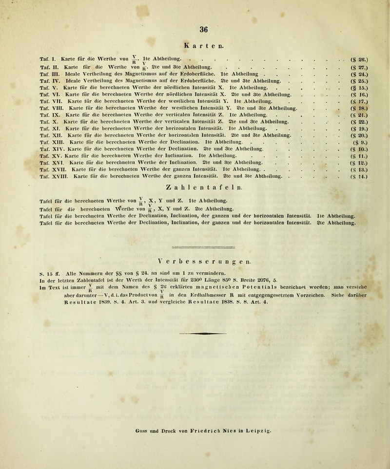 K a r t e n. Taf. I. Karte fiir die Werthe vou Ite Abtheilung (§ gg.) Taf. II. Karie fiir die Werthe von jj. Ste und 3te Abtheilung. (§ 27.) Taf. III. Ideale Vertheiliing des Magnetismns auf der Erdoberflache. Ite Abtheilung (§ 24.) Taf. IV. Ideale Vertheiliing des Magnetismus auf der Erdoberflache. Ste und 3te Abtheilung C§ 25.) Taf. V. Karte fiir die berechneten Werthe der ndrdlichen Intensitat X. Ite Abtheilung (§ 15.) Taf. VI. Karte fiir die berechneten Werthe der nordlichen Intensitat X. Ste und Ste Abtheilung (§ 16.) Taf. VII. Karte tiir die berechneten Werthe der vvestlichen Intensitat V. Ite Abtheilung. )7.) Taf. VIII. Karte fiir die berechneten Werthe der westlichen Intensitat Y. Ste und Ste Abtheilung. . . . (§ 18.) Taf. IX. Karte fiir die berechneten Werthe der verticalen Intensitat Z. Ite Abtheilung (S5 SI.) Taf. X. Karte fiir die berechneten Werthe der verticalen Intensitat Z. Ste und Ste Abtheilung. ...-.(§ S8.) Taf. XI. Karte fiir die berechneten Werthe der horizontalen Intensitiit. Ite Abtheilung (g 19.) Taf. XII. Karte fiir die berechneten Werthe der horizontalen Intensitat. Ste und Ste Abtheilung (g 20.) Taf. XIII. Karte fiir die berechneten Werthe der Declination. Ite Abtheilung t§ 9.) Taf. XIV. Karte fiir die berechneten Werthe der Declination. Ste und Ste Abtheilung. (g 10.) Taf. XV. Karte fiir die berechneten Werthe der Inclination. Ite Abtheilung. (g 11.) Taf. XVI. Karte fiir die berechneten Werthe der Inclination. Ste und Ste Abtheilung. ...... (g 12.) Taf. XVII. Karte fiir die berechneten Werthe der ganzen Intensitat. Ite Abtheilung (g 13.) Taf. XVIII. Karte fiir die berechneten Werthe der ganzen Intensitat. Ste und Ste Abtheilung (g 14.) Zahlentafeln. Tafel fiir die berechneten Werthe von X, Y und Z. Ite Abtheilung. , R V Tafel fiir die berechneten Werthe von jj, X, Y und Z. Ste Abtheilung. Tafel fiir die berechneten Werthe der Declination, Inclination, der ganzen und der horizontalen Intensitat. Ite Abtheilung. Tafel fiir die berechneten Werthe der Declination, Inclination, der ganzen und der horizontalen Intensitat. Ste Abtheilung. V e r b e s s e r 11 n g e n. S. 15 flf. Alle Nummern der gg von g S4. an sind um 1 zu vermindern. In der letzten Zahlentafel ist der Werth der Intensitat fiir 830° Liinge 8.5® S. Breite 8076, 5. Im Text ist iminer — mit dem Nameu des g 86 erkliirten inagnetischen Potentials bezeichuet worden; man verstehe U V aberdarunter—V,d.i. das Product von in den Erdhalbmesser R mit entgegengesetztem Vorzeichen. Siehe dariiher Besultate 1839. 8. 4. Art. 3. und vergleiche Resultate 1838. 8. 8. Art. 4. Guss nnd Druck von Friedrich Nies in Leipzig.