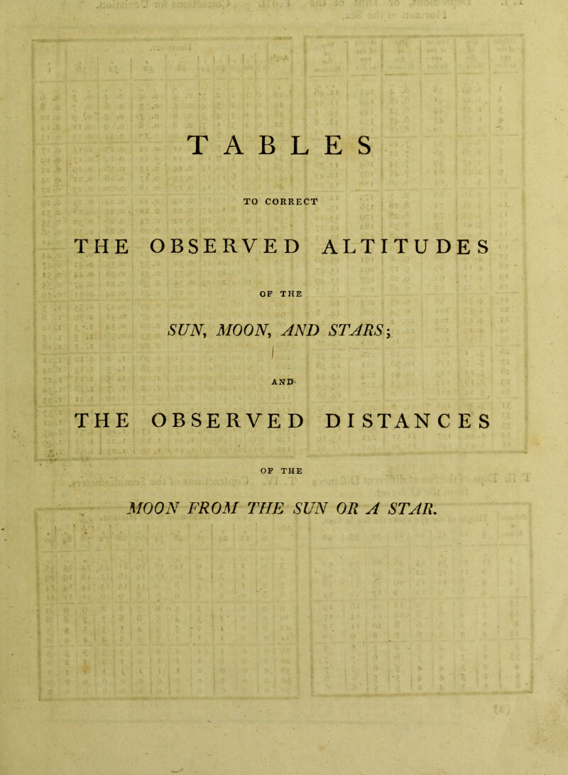 TABLES \ TO CORRECT THE OBSERVED ALTITUDES OP THE SUN, MOON, JND STARS-, I AND- THE OBSERVED DISTANCES OF THE MOON FROM THE SUN OR A STAR.