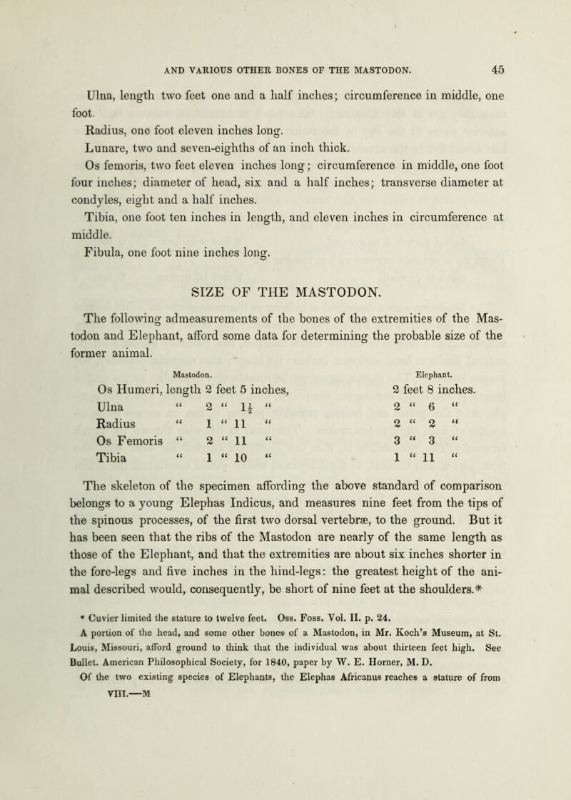 Ulna, length two feet one and a half inches; circumference in middle, one foot. Radius, one foot eleven inches long. Lunare, two and seven-eighths of an inch thick. Os femoris, two feet eleven inches long; circumference in middle, one foot four inches; diameter of head, six and a half inches; transverse diameter at condyles, eight and a half inches. Tibia, one foot ten inches in length, and eleven inches in circumference at middle. Fibula, one foot nine inches long. SIZE OF THE MASTODON. The following admeasurements of the bones of the extremities of the Mas- todon and Elephant, afford some data for determining the probable size of the former animal. Mastodon. Os Humeri, length 2 Ulna “ 2 Radius “ 1 Os Femoris “ 2 Tibia “ 1 feet 5 inches, 1C II U -1- 2 “ 11 “ “ 11 “ “ 10 “ Elephant. 2 feet 8 inches. 2 “ 6 “ 2 “ 2 “ 3 “ 3 “ 1 “ 11 “ The skeleton of the specimen affording the above standard of comparison belongs to a young Elephas Indicus, and measures nine feet from the tips of the spinous processes, of the first two dorsal vertebrae, to the ground. But it has been seen that the ribs of the Mastodon are nearly of the same length as those of the Elephant, and that the extremities are about six inches shorter in the fore-legs and five inches in the hind-legs: the greatest height of the ani- mal described would, consequently, be short of nine feet at the shoulders.* * Cuvier limited the stature to twelve feet. Oss. Foss. Vol. II. p. 24. A portion of the head, and some other bones of a Mastodon, in Mr. Koch’s Museum, at St. Louis, Missouri, afford ground to think that the individual was about thirteen feet high. See Bullet. American Philosophical Society, for 1840, paper by W. E. Horner, M. D. Of the two existing species of Elephants, the Elephas Africanus reaches a stature of from