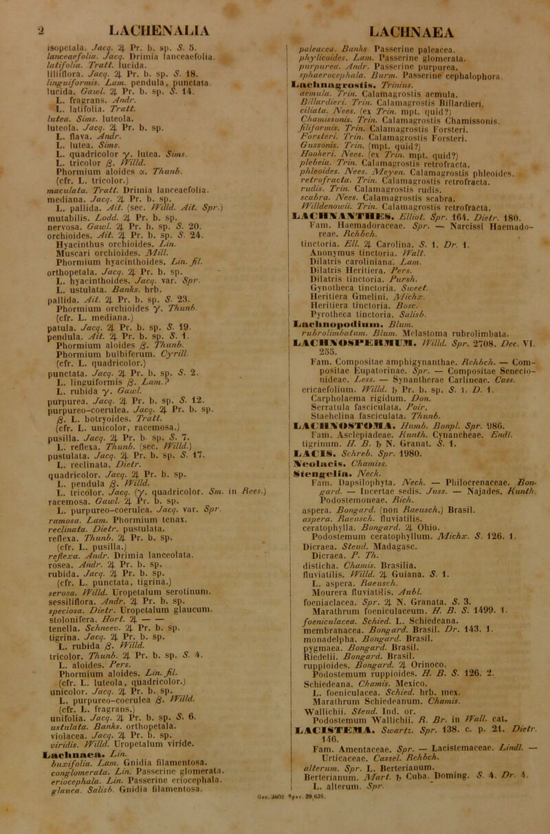 isopetala. Jacq. 2J. Pr. b. sp. S. 5. lanceaefolia. Jaca. Drimiu lanceaefoliu. latifolia. Tratt. lucida, liliiflora. Jacq. 2J. Pr. b. sp. 5. 18. linguifonnis. Lam. pendula, punctata, lucida. Gawl. 2J. Pr. b. sp. 5. 14. L. fragrans. Andr. L. latifolia. Tratt. lutea. Sims. luteola, luteola. Jacq. 2J. Pr. b. sp. L. flava. Andr. L. lutea. Sims. L. quadricolor y. lutea. Sims. L. tricolor fi. IVilld. Phormiuin aloides a. T/mnb. (cfr. L. tricolor.) maculata. Tratt. Driinia lanceaefolia. mediana. Jacq. % Pr. b. sp. L. pallida. Ait. (sec. IVilld. Ait. Spr.) mutabilis. Lodd. % Pr. b. sp. nervosa. Gawl. 2J. Pr. b. sp. S. 20. orchioides. Ait. % Pr. b. sp. S. 24. Hyacinthus orchioides. Lin. Muscari orchioides. JWill. Phormium hyacinlhoides. Lin. JU. ortkopetala. Jacq. 2J. Pr. b. sp. L. hyacinthoides. Jacq. var. Spr. L. ustulata. Banks, hrb. pallida. Ait. 2J. Pr. b. sp. S. 23. Phormium orchioides y. Thunb (cfr. L. mediana.) patula. Jacq. 2J. Pr. b. sp. 5. 19. pendula. Ait. 2J. Pr. b. sp. S. 1. Phormium aloides fi. Thunb. Phormium bulbiferum. Cyrill. (cfr. L. quadricolor.) punctata. Jacq. % Pr. b. sp. S. 2. L. linguiformis fi. Lam.? L. rubida y. Gawl. purpurea. Jacq. 2J. Pr. b. sp. S. 12. purpureo-coerulea. Jacq. 2|. Pr. b. sp. fi. L. botryoides. Tratt. (cfr. L. unicolor, racemosa.) pusilla. Jacq. 2J. Pr. b- sp. S. 7. L. reflexa. Thunb. (sec. IVilld.) pustulata. Jacq. 2J. Pr. b. sp. £. 17. L. reclinata. Dietr. quadricolor. Jacq. 2J. Pr. b. sp. L. pendula fi. IVilld. L. tricolor. Jacq. (y. quadricolor. Sm. in Bees.) racemosa. Gawl. 2J. Pr. b. sp. L. purpureo-coerulea. Jacq. var. Spr. ramosa. Lam. Phormium tenax. reclinata. Dietr. pustulata, reflexa. 'Thunb. % Pr. b. sp. (cfr. L. pusilla.) reflexa. Andr. Drimia lanceolata. rosea. Andr. % Pr. b. sp. rubida. Jacq. 2J. Pr. b. sp. (cfr. L. punctata, tigrina.) serosa. IVilld. Uropetalum serotinum, sessiliflora. Andr. 2\. Pr. b. sp. speciosa. Dietr. Uropetalum glaucum. stoloni fera. Hort. 2J. tenella. Schneev. 2J. Pr. b. sp. tigrina. Jacq. 2f. Pr. b. sp. L. rubida fi. IVilld. tricolor. Thunb. %. Pr. b. sp. S. 4. L. aloides. Pers. Phormium aloides. Lin. fl. (cfr. L. luteola, quadricolor.) unicolor. Jacq. 2J. Pr. b. sp. L. purpureo-coerulea fi. IVilld. (cfr. L. fragrans.) unifolia. Jacq. %. Pr. b. sp. S. 6. ustulata. Banks, orthopetala. violacea. Jacq. 2J. Pr. b. sp. viridis. IVilld. Uropetalum viride. Lacbiiaea. Lin. buxifolia. Lam. Gnidia filamentosa. conglomerata. Lin. Passerinc glomerata. eriucephala. Lin. Passerinc eriocephala. glauca. Salisb. Gnidia filamentosa. 8 G.n.aWW | paleaceu. Banks Passerinc paleacea. phylicoides. Lam. Passcrine glomerata. purpurea. Amlr. Passerinc purpurea. spliaerocephala. Biirm. Passcrine cephalophora. i l.m-limsyroslis. Trinius. aemula. Trin. Calamagrostis aemula. Billardieri. Trin. Calamagrostis Billardicri. ciliata. Nees. (ex Trin. mpt. quid?) Chamissonis. Trin. Calamagrostis Chamissonis. filiformis. Trin. Calamagrostis Forsteri. Forsteri. Trin. Calamagrostis Forsteri. Gussonis. Trin. (mpt. quid?) Hookeri. Nees. (ex Trin. mpt. quid?) plebeia. Trin. Calamagrostis retrofracta. phleoides. Nees. JWeyen. Calamagrostis phleoides. retrofracta. Trin. Calamagrostis retrofracta. rudis. Trin. Calamagrostis rudis. scabra. Nees. Calamagrostis scabra. kVi/ldenowii. Trin. Calamagrostis retrofracta. L4CHMITHKS, EUiot. Spr. 1G4. Dietr. 180. Fam. Haemadoraceae. Spr. — Narcissi Haemado- reae. Bchbch. Unctoria. Eli. 2J. Carolina. S. 1. Dr. 1. Anonymus linctoria. JValt. Dilatris caroliniana. Lam. Dilatris Heriliera. Pers. Dilatris linctoria. Pursh. Gynotheca Unctoria. Sweet. Heritiera Gmelini. JVJichx. Heriliera linctoria. Bosc. Pyrotheca linctoria. Salisb. linclino|totlimii. Blum. j rubrolimbaium. Blum. Melastoma rubrolimbata. I, I< II VOS**KIt Hm. mild. Spr. 2708. Dee. VI. 233. Fam. Compositae amphigynanthae. Bchbch. — Com- positae Eupatorinac. Spr. — Compositae Senecio- nideae. Less. — Synanthcrae Carlineae. Cass. cricaefolium. IVilld. l> Pr. b. sp. S. 1. D. 1. Carpholaema rigidum. Don. Serratula fasciculata. Poir. Staehclina fasciculata. Thunb. LA11I\0§T«HIA. Ihunb. Bonpl. Spr. 98«. Fam. Asclepiadeae. Kunth. Cynancheae. Endt. tigrinum. H. B. b N. Granat. S. 1. IjACIS. Schreb. Spr. 1980. Aieolacis. Chamiss. Steng-elia. Neck. Fam. Dapsilophyta. Neck. — Philocrenaceae. Bon- gard. — Incertae sedis. Juss. — Najades. Kunth. Podoslemoneae. Bich. aspera. Bongard. (non Baeusch.) Brasil. aspera. Baeusch. fluviatilis, ceratophylla. Bongard. 2). Ohio. Podostemum ceratophyllum. JWichx. S. 126. 1. Dicraea. Steud. Madagasc. Dicraea. P. Th. disticha. Chamis. Brasilia. fluviatilis. IVilld. 2). Guiana. S. 1. L. aspera. Baeusch. Mourera fluviatilis. Aubl. foeniaclacea. Spr. 2}. N. Granata. S. 3. Marathrum foeniculaceum. H. B. S. 1499. 1. foeniculacea. Schied. L. Schiedeana. membranacea. Bongard. Brasil. Dr. 143. 1. monadelpha. Bongard. Brasil. pygmaea. Bongard. Brasil. Riedelii. Bongard. Brasil. ruppioides. Bongard. Orinoco. Podostemum ruppioides. H. B. S. 126. 2. Schiedeana. Chamis. Mexico. L. foeniculacea. Schied. hrb. mex. Marathrum Schiedeanum. Chamis. Wallichii. Steud. Ind. or. Podostemum Wallichii. B. Br. in fVall. cat. LACI.tiTKllA, Swartz. Spr. 138. c. p. 21. Dietr. 146. Fam. Amcntaceac. Spr. — Lacislemaceac. Lindi. — Urticaceae. Cassel. Bchbch. alterum. Spr. L. Berterianum. Berterianum. Mart. h Cuba. Doming. S. 4. Dr. 4. L. alterum. Spr. <p,( 39,638.