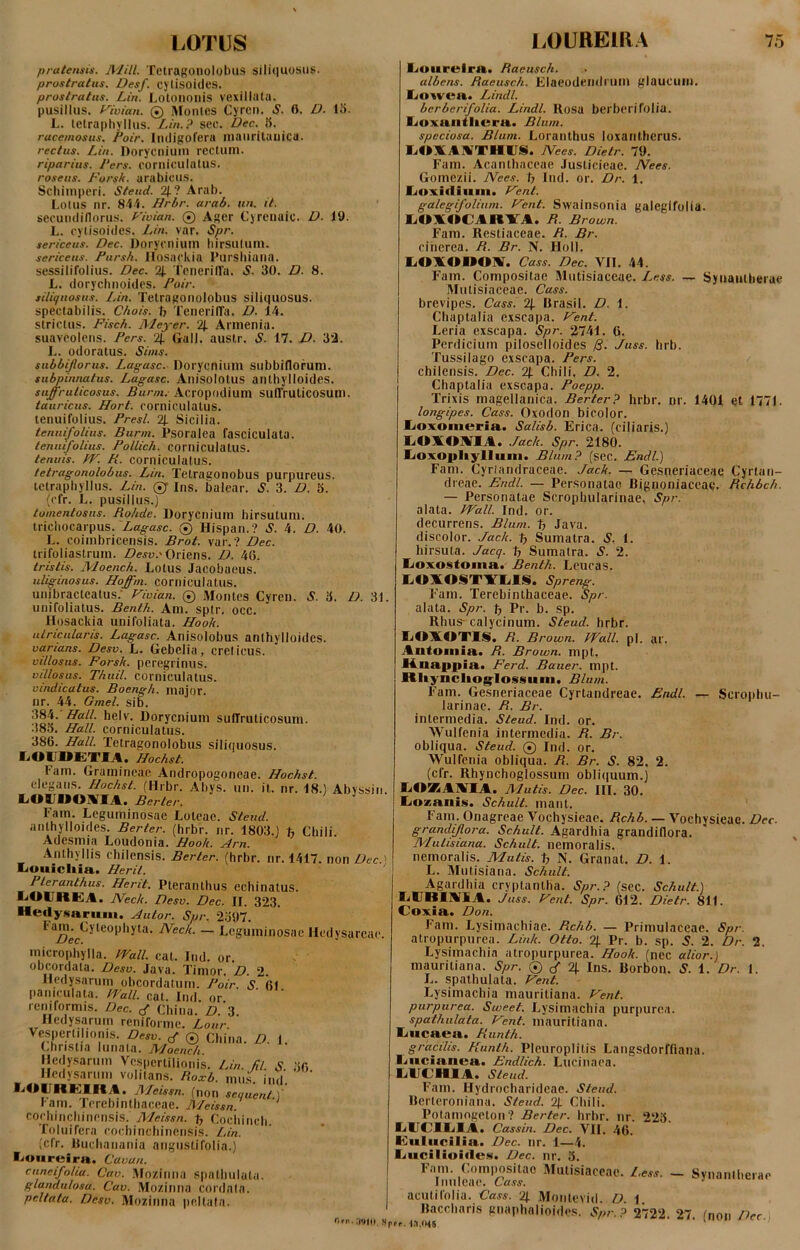 pratensis. Mill. Tetragonolobus siliquosus. prostratus. Desf. cylisoides. prostratus. Lin. Lotononis vexillata. pusillus. Vivian. © Montes Cyren. S. 0. D. 15. L. telraphyllus. Lin.? sec. Dec. 5. racemosus. Poir. Indigofera mauritanica. rectus. Lin. Dorycnium rectum. riparius. J‘ers. corniculatus. roseus. Forsk. arabicus. Schimperi. Steud. 4? Arab. Lotus nr. 844. Hrbr. arab. un. it. secundiflorus. Vivian. ® Ager Cyrenaic. D. 19. L. cylisoides. Lin. var. Spr. sericeus. Dec. Dorycnium hirsutum. sericeus. Fursh. Hosackia Purshiana. sessilifolius. Dec. 4 TenerilTa. S■ 30. D. 8. L. dorychnoides. Poir. siliquosus. Lin. Tetragonolobus sili<|uosus. spectabilis. Chois. t> TenerilTa. D. 14. strictus. Fiscb. Meyer. 4 Armenia, suaveolens. Fers. 2J. Gall. austr. S. 17. D. 32. L. odoratus. Sims. subbijlorus. Lagasc. Dorycnium subbiflorum. subpinnatus. Lagasc. Anisolotus anthylloides. suffruticosus. Burm. Acropodium suflrulicosum. tauricus. Fort, corniculatus. tenuifolius. Fresi. % Sicilia. tenuijolius. Burm. Psoralea fasciculata. tenuifolius. Follich. corniculatus. tenuis. FF. B. corniculatus. tetragonolobus. Lin. Tetraeonobus purpureus. tetraphyllus. Lin. © Ins. balear. S. 3. D. 5. (cfr. L. pusillus.) tomentosus. Bohde. Dorycnium hirsutum, tricliocarpus. Lagasc. ® Hispan.? S. 4. D. 40. L. eoimbricensis. Brot. var.? Dec. trifoliastrum. Desv.'Oriens. D. 46. tristis. Moench. Lotus Jacobaeus. uliginosus. Hoffm. corniculatus. unibraclcatus. Vivian. © Montes Cyren. S. 3. D. 31. unifoliatus. Benth. Am. sptr. occ. Hosackia uni foliata. Hook. utricularis. Lagasc. Anisolobus anthylloides. varians. Desv. L. Gebelia, creticus. villosus. Forsk. peregrinus. villosus. Thuil. corniculatus. vindicatus. Boengh. major, nr. 44. Gmel. sib. 384. Hali. helv. Dorycnium sudruticosum. 385. Hali, corniculatus. 386. Hali. Tetragonolobus siliquosus. LOIHETIA. Hochst. l am. Gramineae Andropogoneae. Hochst. elegans. Hochst. (Hrbr. Abys. un. it. nr. 18.) Abyssin. ROXXA. Berter. Fam. Leguminosae Lotcac. Steud. anthylloides. Berler. (hrbr. nr. 1803.) Chili. Adesmia Loudonia. Hook. Arn. Anthyllis chilensis. Berter. (hrbr. nr. 1417. non Dec? IiOuicIiia. Heril. Fteranthus. Herit. Pteranthus echinatus. LiOURKA. JVeck. Desv. Dec. II. 323. Hedysarum. Autor. Spr. 235)7. 1 az?ec^5 te°l,liyta' Neck' ~ Leguminosac Hedysarcae. microphylla. Wall. cal. Ind. or. obeordata. Desv. Java. Timor. D. 2. Hedysarum obeordatum. Poir. S 61 pamculata. Wall, cat, Ind or reniformis. Dec. R China. D.'3. Hedysarum reniforme. Lour. Vespertilmnis. Desv. a © China. D. 1. Christi a liinala. IV/ochcIi Hedysarum Vespertilionis. Lin. fil. s 56 Hedysarum volitans. Roxb. mus ind MHillEHM. Meissn. (n0n sequent) l am. Fcrebinthaceae. Meissn. cochinchinensis. Meissn. t, Cochinch. Toluifcra cochinchinensis. Lin. (cfr. Duchanania angustifolia.) Loureira. Cavun. cuneifolia. Cao. Mozinna spathulata. glandulosa. Cav. Mo/inna cordata. peltata. Desv. Mozinna peltata. «•3»I0. Spf r. I.l.m5 I^uurelrn. Bacusch. albens. Baeusch. Elaeodendrum glaucum. Lowen. Lindi. berberifolia. Lindi. Rosa berberifolia. lioxaniliern. Blum. speciosa. Blum. Loranthus loxantherus. LOAAATIIIIi. Nees. Dietr. 79. Fam. Acanthaceae Justicieae. Nees. Gotne/.ii. Nees. tj Ind. or. Dr. 1. liOxidixui. Vent. galegifolium. Vent. Swainsonia galegifolia. LOIOdllVI. B. Bi •own. Fam. Rcstiaceae. B. Br. cinerea. B. Br. N. Holi. LOAOIIOW. Cass. Dec. VII. 44. Fam. Compositae Mutisiaceae. Less. — Syuautberae Mutisiaceae. Cass. brevipes. Cass. Q\. Drasil. D. 1. Chaptalia exscapa. Vent. Leria exscapa. Spr. 2741. 6. Perdicium piloselloides /3. Fuss. hrb. Tussilago exscapa. Fers. chilensis. Dec. 2J. Chili. D. 2. Chaptalia exscapa. Poepp. Trixis magellanica. Berter? hrbr. nr. 1401 et 1771. longipes. Cass. Oxodon bicolor. Kjoxomeria. Salisb. Erica. (ciliaris.) IjOXOHilA. Jach. Spr. 2180. liOXOpliylluiu. Blum? (sec. Endl.) Fam. Cyriandraceae. Jack. — Gesoeriaceae Cyrlan- dreae. Endl. — Personatae Bignoniaccac. Bchbch. — Personatae Scrophularinae. Spr. alata. Wall. Ind. or. decurrens. Blum. t7 Java. discolor. Jack. tj Sumatra. S. 1. hirsuta. Jacq. tj Sumatra. S. 2. Kjoxostoma. Benth. Leucas. LOXOSTYLIS. Spreng. Fam. Terebinthaceae. Spr. alata. Spr. t> Pr. b. sp. Rhus- calycinum. Steud. hrbr. IjOXOXIS. B. Brown. Wall. pl. ar. Autoinia> B. Brown. mpt. Hnappia> Ferd. Bauer. mpt. Rhynclioglossiaiii. Blum. Fam. Gesneriaceae Cyrtandreae. Endl. — Scrophu- larinae. B. Br. intermedia. Steud. Ind. or. Wulfenia intermedia. B. Br. obliqua. Steud. © Ind. or. Wulfenia obliqua. B. Br. S. 82. 2. (cfr. Rhynchoglossum obliquum.) LOZAIRA. Mutis. Dec. III. 30. liOzanis. Schult. mant. Fam. Onagreae Vochysieae. Bchb. — Vochysieae. Dec. grandijlora. Schult. Agardhia grandiflora. Mulisiana. Schult. nemoralis, nemoralis. Mutis. % N. Granat. D. 1. L. Mutisiana. Schult. Agardhia cryptanlha. Spr.? (sec. Schult.) LURIXIA. Juss. Vent. Spr. 612. Dietr. 811. Coxia. Don. Fam. Lysimachiae. Bchb. — Primulaceae. Spr. atropurpurea. Link. Otto. 4 Pr. b. sp. 5. 2. Dr. 2. Lysimachia atropurpurea. Hook. (nec alior.) mauriliana. Spr. ® 4 Ins. Borbon. S. 1. Dr. I. L. spathulata. Vent. Lysimachia mauritiana. Vent. purpurea. Sweet. Lysimachia purpurea. spathulata. Vent. mauritiana. Lucaea. Runth. gracilis. Runth. Pleuroplitis Langsdorffiana. liiicianea. Endlich. Lucinaea. liUCHIA. Steud. Fam. Hydrocharideae. Steud. Berteroniana. Steud. 4 Chili. Potamogelon? Berter. hrbr. nr. 225. Cassin. Dec. VII. 46. tCiilucilia.. Dec. nr. 1—4. liucilioiries. Dec. nr. 5. l'am. Compositao Mutisiaceae. Less. — Synanthcrae Inulcae. Cass. acutifolia. Cass. 4 Montevid. D. 1. Baccharis gnaphalioides. Spr. ? 2722. 27. (non Dec.