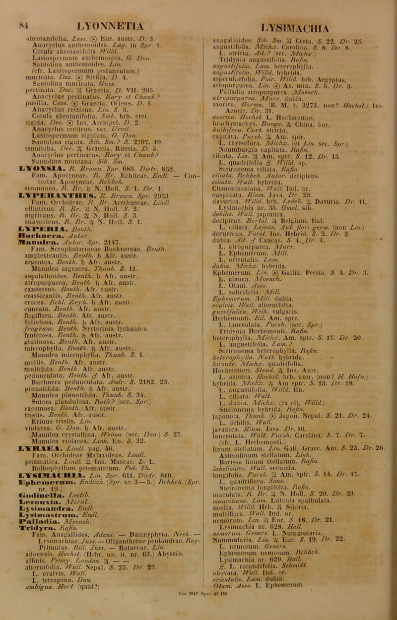 abrotanilolia. Less. ® Eur. austr. D. 3. Anacyclus anlhcmoides. Lag. in Spr. I. Cotula abrolanifulia Willd. Lasiospermum antheihoides. G. Don. Santolina anthemoides. Lin. (cfr. Lasiospermum pedunculare.) muricata. Dec. © Sicilia. D. 4. Santolina muricata. Guss. pectinata. Dec. 2J. Graecia. D. VII. 293. Anacyclus pectinatus. Bory ct Chaub? pusilla. Cass. ® Graecia. Oriens. D. 1. Anacyclus creticus. Lin. S. 3. Cotula abrotanilolia. Sieb. hrb. crel. rigida. Dec. ® Ins. Archipcl. D. 2. Anacyclus creticus, var. Urvil. Lasiospermum rigidum. G. Don. Santolina rigida. Sib. Sm.? S. 2707. 10. tenuiloba. Dec. % Graecia. Russia. D. o. Anacyclus pectinatus. Bory' et Chaub? Santolina montana. Sib. Sm. LlTOSiSIA. R. Brown. Spr. 083. Dictr. 832. Fam. Apocyneae. R. Br. Ecliiteae. Endl. — Con- tortae Apocyncae. Rchbch. straminea. R. Br. D N. Holi. 5. 1. Dr. 1. I/*ri»EKAYTIlljS. R. Brown. Spr. 2933. Fam. Orchi deae. R. Br. Arethuseae. Lindi. ellipticus. R. Br. % N. Holi. 5. 2. nigricans. R. Br. 21 N. Holi. S. 3. suaveolens. R. Br. 2J. N. Holi. 5. 1. L1PKKIA. Benlh. lliiclincra. Autor. fflaniden. Autor. Spr. 2147. Fam. Scrophularineae Buchnereae. Benlh. amplexicaulis. Bentli. 1) Afr. austr. argentea. Benth. 1) Air. austr. Manulea argentea. Thunb. S. 11. aspalathoides. Benth. 1) Afr. austr. alropurpurea. Benth. t7 Afr. austr. canescens. Benlh. Afr. austr. crassicaulis. Benth. Afr. austr. crocea. Echl. Zeyh. T; Afr. austr. cuneata. Benth. Afr. austr. flogiflora. Benth. Afr. austr. foliolosa. Benth. t> Afr. austr. fragrans. Benth. Nycterinia lychnidea. fruticosa. Benlh. E Afr. austr. glutinosa. Benth. Afr. austr. microphylla. Benth. J? Afr. austr. Manulea microphylla. Thunb. S. 1. mollis. Benth. Afr. austr. multifida. Benlh. Afr. austr. pedunculata. Benth. <f Afr. austr. Buchnera pedunculata. Andr. S. 2182. 23. pinnatifida. Benth. 1) Afr. austr. Manulea pinnatifida. Thunb. S. 34. Sutera glandulosa. Roth? (sec. Spr.) racemosa. Benth.,Afr. austr. tristis. Benlh. Afr. austr. Erinus tristis. Lin. violacea. G. Don. 1) Afr. austr. Manulea crystallina. Weinm. (sec. Don.) S. 27. Manulea violacea. Link. En. S. 32. LVRAEil. Lindi, pag. 40. Fam. Orchideae Malaxideae. Lindi. prismalica. Lindi. 2f. Ins. Mascar. L. 1.. Bolbophyllum prismaticum. Pet. Th. LYSIMACHIA. Lin. Spr. 611. Dietr. 810. Enheineruin. Endlich. (Spr. nr. 3 — 3.) Rchbch. [Spr. nr. 19.) Gortinella. Lestib. Iieroiixiii. Merat. Lysimandra. Endl. Lysiinastrinn. Endl. Palladia. Moench. Tridyru. Rafin. Fam. Anagallides. Adans. — Darinyphyla. Nech. — Lysimachiae. Juss. — Oligantherae pentandrae. Roy. Primulae. Rui. Juss. — Rotaceac. Lin. adoensis. Hochsl. (Hrbr. un. it. nr. 03.) Abyssin. affinis. Penny. Loudon. 2J. alterni folia. Wall. Ncpal. S. 23. Dr. 27- L. evalvis. Wall. L. tetragona. Don. ambigua. Hort. ((|uid?J anagalloides. Sib. Sm. 2J. Creta. S. 22. Dr. 23. angustifolia. Michx. Carolina. 5. 8. Dr. 8. L. stricta. Ait.? (sec. Michx.) Tridynia angustifolia. Rafin. angustifolia. Lam. heterophylla. angustifolia. Willd. hybrida, asperulaefolia. Poir. Willd. hrb. Aegyptus, alropurpurea. Lin. © As. min. S. 3. Dr. 5. Palladia atropurpurea. Moench. alropurpurea. Murr. dubia. azorica. Hornm. (11. M. t. 3273. non? Hochsl.) Ins. Azoric. Dr. 31. azorica. Hochsl. L. Hochstetteri. brachystachys. Bunge. 2J. China. bor. bulbifera. Curi, stricta, capitata. Pursh. 2J. Ani. sptr. L. thyrsiflora. Michx. (et Lin. sec. Spr.) Naumburgia capitata. Rafin. ciliata. Lin. 2J. Am. sptr. S. 12. Dr. 13. L. quadrifolia /J. Willd. sp. Sicironcina ciliata. Rafin. ciliata. Rchbch. Autor. decipiens. ciliata. Walt, hybrida. Clemenlsoniana. Wall. Ind. or. cuspidata. Blum. Java. Dr. 29. davurica. Willd. hrb. Ledeb. 2J. Davuria. Dr. 11. Lysimachia nr. 33. Gmel. sib. debilis. Wall, japonica. decipiens. Berlol. 2J. Belgium. Itui. L. ciliata. Lejeun. Aut. Jlor. germ. (non Lin.) decurrens. Forst. Ins. Hebi id. S. 2. Dr. 2. dubia. Ait. f Caucas. S. 4. Dr. 4. L. alropurpurea. Murr. L. Ephemerum. Mill. L. orientalis. Lam. dubia. Michx. hybrida. Ephemerum. Lin. ® Gallia. Persia. S. 3. Dr. 3. L. glauca. Moench. L. Olani. Asso. L. salicifolia. Mill. Ephemerum. Mill. dubia. eoalois. Wall, altcrnifolia. guestfalica. Weih. vulgaris. Herbemonli. Eli. Am. sptr. L. lanceolata. Pursh. (sec. Spr.) Tridynia Herbemonli. Rafin. heterophylla. Michx. Am. sptr. S. 17. Dr. 20. L. angustifolia. Lam.? Steiroriema heterophylla. Rafin. heterophylla. Nutt. hybrida. hirsuta. Michx. quadrifolia. Hochstetteri. Sleud. 2f Ins. Azor. L. azorica. Ilochst. hrb. azor. (non? H. Hafn.) hybrida. Mictile. 2\. Am sptr. S. 13. Dr. 18. L. angustifolia. Willd. En. L. ciliata. Walt. L. dubia. Michx. (ex cit. Willd.) Steironcma hybrida. Rafin. japonica. Thunb. © Jupon. Nepal. S. 21. Dr. 24. L. debilis. Wall. javanica. Blum. Java. Dr. 10. lanceolata. Wall. Pursh. Carolina. S. 7. Dr. 7. (cfr. L. Hcrbemonti.) linum stellatum. Lin. Gall. Graec. Am. S. 23. Dr. 20. Asterolinum stellatum. Link. Borissa linum stellatum. Rafin. lobelioides. Wall, secunda, longifolia. Pursh. 2J. Am. sptr. S. 14. Dr. 17. L. quadrillora. Sims. Steironcma longifolia. Rafin. maculata. R. Br. N. Holi. 5. 20. Dr. 23. mauriliana. Lam. Lubiliia spathulata. media. Willd. Hrb. 21 Sibiria. multiflora. Wall. Ind. or. nemorum. Lin. 21 Eur. 18. Dr. 21. Lysimachia nr. 028. Hali, nemorum. Geners. L. Nummularia. Nummularia. Lin. 2\. Eur. S. 19. Dr. 22. L. nemorum. Geners. Ephemerum nemorum. Rchbch. Lysimachia nr. 029. Hali. /3. L. rotundifolia. Schmidl. obovala. Wall. Ind. or. orientalis. Lam. dubia. Otani. Asso. L. Ephemerum. C,rn :mz. Spoc.13 435