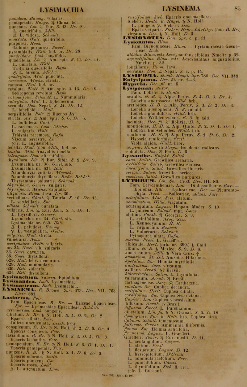 paludosa. Baumg. vulgaris, pentapetala. Bnnge. 2J. Cliina. bor. punctata. Lin. 2J. Eur. S. 13. Dr. Ili. L. quadrifolia. Mili- ti. L. villosa. Schmidt. punctula. Wall. quadrifolia. purpurea. Hook. Lubinia purpurea. Sweet. pyramidalis. Wall. Ind. or. Dr. 28. quadri/lora. Link. longifolia. quadri folia. Lin. 2j. Ain. sptr. S. II. Dr. Ii. L. punctata, Wall. Tridynia quadrifolia. Rafin. Q. L. hirsuta. Michx. quadrifolia. Mill. punctata. racemosa. JVIichx. stricta, ramosa. Wall. Ind. or. revoluta. Nutt. 2J. Ain. sptr. S. 16. Dr. 16. Sleironema revoluta. Rafin. rotundi/'o/ia. Schmidt. L. Nummularia. salicifolia. Mill. L. Ephemerum. secunda. Don. Ncpal. 5. 24. Dr. 12. L. lobelioides. Wall. serpyllifolia. Poir. 2J. Bucnos Ayr. Stricta. Ait. 2J. Am. sptr. S. 6. Dr. 6. L. bulbifera. Curt. L. racemosa. Lam. Michx. L. vulgaris. Walt. Tridynia racemosa. Rafin. Viscum terrestre. Lin. (efr. L. angustifolia.) tenella. Wall, (non Mill.) Ind. or. tenella. MUl. Anagallis tenella. tetragona. Don. alternifolia. thyrsifiora. Lin. 2f Eur. Sibir. 61. 9. Dr. 9. Lysimachia nr. 36. Gmcl. sib. Lysimachia nr. 631. Hali. Naumburgia guttata. Moench. Naumburgia thyrsifiora. Rafin. Rchbch. Thyrsanthus palustris. Schrank. thyrsifiora. Geners. vulgaris. thyrsifiora. Michx. capitata, uliginosa. Blum. Java. Dr. 30. verlicillata. Bbrst. 2\. Tauria. S. 10. Dr. 13. L. verlicillaris. Spr. villosa. Schmidt. punctata, vulgaris. Lin. 2j. Eur. Asia. S. o. Dr. 1. L. thyrsifiora. Geners. Lysimachia nr. 34. Gmcl. sib. Lysimachia nr. 630. Hali. B- L. paludosa. Baumg. y. L. westphalica. Weihe. vulgaris. Wall, stricta. vulneraria. Nois. f westphalica. Weili. vulgaris, nr. 34. Gmel. sib. vulgaris. 35. Gmel. davurica. 36. Gmel. thyrsifiora. 628. Hali. helv. nemorum. 629. Hali, nummularia. 630. Hali, vulgaris. 631. Hali, thyrsifiora. liysimacliion. Tausch. Epilobium. Lysimandra. Endl. Lysimachia. Lysimasirui». Endl. Lysimachia. LvilKEIlM. R. Brown. Spr. 673. Dec. VII. 765 Dietr. 881. Lasineina. Poir. Fam. Epacrideae. R. Br. — Ericeae Epacridcae. t>pr- — Lysimachiae Epacrideae. Rchbch. attenuatum. Link. pungens. ciliatum. R. Br. t, N. Holi. 5. 4. D. 2. Dr. 2 Epacris ciliata. Poir. Julicta uncuiculata. Lesch. hrbr. conspicuum. R. Br. ty N. Holi. S. 2. D. 5 Dr 4 Epacris conspicua. Poir. lasianlhum. R. Br. 1? N. Holi. S. 3. D. 4. Dr. 3 Epacris lasiantha. Poir. pentapetalum. R. Br. ty N. Holi. S. §. D. \. Dr. I. Epacris pentapetala. Poir. pungens. R. Br. t, N. Iloll. S. i. D. 6. Dr. 5. Epacris odorata. Smith. Epacris pungens. Cav. Epacris rosea. Lodd. B■ L. attenuatum. Link. '>tu. 31151 . ruscifolium. Sieb. Epacris onosmaefiora. Sicberi. Benth. in Hiigel. ty N. Holi. L. pungens y. Sieberi. Dec. Epacris riparia. Siebcr. Hrbr. Lhotzky. (non R. Br.) virgatum. Dec. b N. Iloll. D. 3. ■jYSiMOJMWTUS. Don. Spr. c. p. 11. Lysioiuttiis. Blum. Fam. Bignoniaceae. Blum. — Cyrtandraceae Gesne- ricac. Endl. albidus. Blum. est: Acscynanlhus albidus. Nmcllr. p. 32. angustifolius. Blum. est: Aescynanthus anguslifolius. Nmcllr. p. 32. longifiorus. Blum. Java. serratus. Don. 2j. Nepal. 5. c. p. 14. MjYSIJPOjIIA. Humb. Bonpl. Spr. 780. Dec. VII. 349. Kulysiponm. Dec. fil. nr. 1—5. ■Cypsela. Dec. fil. nr. 6. Ciysipoiiiia. Autor. Fam. Lobelieae. Hunth. acaulis. H. B. 2[ Alpes Peruv. S. 4. D. 3. Dr. 4. Lobclia androsacea. Willd. hrb. aretioides. H. B. 2\. Alp. Peruv. S. 3. D. 2. Dr. 3. Lobelia adenophora. R. S. in ind. Lobclia glandulosa. Willd. hrb. Lobelia Willdenowiana. R. S. in add. laciniata. Dec. fil. 2\. Bolivia. D. 4. moritioides. H. B. 21 Alp. Quito. S. 2. D. 1. Dr. 1. Lobelia limoselloides. Willd. hrb. reniformis. H. B. 2J. Alp. Peruv. S. 1. D. 6. Dr. 2. Hypscla reniformis. Presl. Viola algida. Willd. hrbr. serpens. Runze in Poepp. Goodenia radicans, subulata. Don. 21 Peru. D. 5. ILyssantHe. Knight. Salisb. cana. Salisb. Grewillea arenaria. cytisifoliu. Salisb. Grewillea sericea. linearifolia. Salisb. Grewillea linearis. sericea. Salisb. Grewillea sericea. speciosa. Salisb. Grewillea purpurea. LYTHRUH. Lin. Spr. 1763. Dec. III. 80. Fam._ Calycanlhemae. Lin. — Diplosanthcrae. Roy. — Epilobia. Riil. — Lythrarieae. Dec. — Plcuronlo- phyta. Neck. — Salicariae. Adans. Juss. acinifolium. Mog. Sess. alatum. acuminatum. Willd. virgatum, acutangulum. Lagasc. Hispan. Mader. 5. 10. L. junceum. Soland. mpt. Lowe. alatum. Pursh. 21 Georgia. S. 3. L. acinifolium. Mog. Sess. L. Kennedyanum. H. B. L. virginicum. Kenned. L. Vulneraria. Schrank. Pythagorea alata. Piufin. alatum. Presl. L. Graefferi. albicaule. Bert. (hrb. nr. 399.) ty Chii i. album. H. B. ty Mexico. S. 9. D. 8. aincricanum. Mill. ty Vera Crux, f anomalum. St. Hil. Ariisoles Hilariana. apetalum. Spr. Heimia myrtifolia. austriacum, Jacq. virgatum, axillare. Arrab. ty? Brasil. bibracteatum. Salzm. L. thymifolia. calcarutum. Arrab. 21 Brasil. carthagenense. Jacq. ® Carthagena. ciliatum. Sw. Cuphea decandra. cistifolium. Herit. Cuphea ciliata. cordifolium. Sw. Cuphea Swartziana. Cuphea. Lin. Cuphea viscosissima, diffusum. Arrab. ty Brasil. diffusum. Sweet. L. Purshianum. dipctalum. Lin. fil. ty N. Granat. S. 5. D. 18. donungense. Spr. in Balb. hrb. Cuphea hirta. dubium. Schult. toinentosum. filiforme. Perrot. Ammannia filiformis. favum. Spr. Heimia salicifolia. flexuosum. Lagasc. L. Graefferi. Graefferi. Tenor. 2J. Eur. rnedit. D. 11. L. acutangulum. Lagasc. L. alatum. Presl. L. flexuosum. Lagasc. D. 12. L. hyssopi folium. D'Urvill. L. nummulariaefolium. Pcrs. L. punicifolium. Chmss. L. thyini folium. Sieb. fl. cret. (cfr. L. Gussoni.) •»«. IU 19fi.