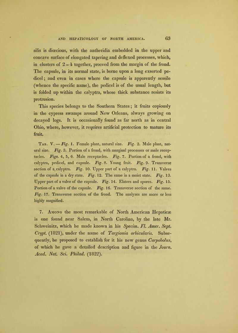 silis is dioecious, with the antheridia embedded in the upper and concave surface of elongated tapering and deflexed processes, which, in clusters of 2 - 4 together, proceed from the margin of the frond. The capsule, in its normal state, is borne upon a long exserted pe- dicel ; and even in cases where the capsule is apparently sessile (whence the specific name), the pedicel is of the usual length, but is folded up within the calyptra, whose thick substance resists its protrusion. This species belongs to the Southern States; it fruits copiously in the cypress swamps around New Orleans, always growing on decayed logs. It is occasionally found as far north as in central Ohio, where, however, it requires artificial protection to mature its fruit. Tab. V. — Fig. 1. Female plant, natural size. Fig. 2. Male plant, nat- ural size. Fig. 3. Portion of a frond, with marginal processes or male recep- tacles. Figs. 4, 5, 6. Male receptacles. Fig. 7. Portion of a frond, with calyptra, pedicel, and capsule. Fig. 8. Young fruit. Fig. 9. Transverse section of a^calyptra. Fig. 10. Upper part of a calyptra. Fig. 11. Valves of the capsule in a dry state. Fig. 12. The same in a moist state. Fig. 13. Upper part of a valve of the capsule. Fig. 14. Elaters and spores. Fig. 15. Portion of a valve of the capsule. Fig. 16. Transverse section of the same. Fig. 17. Transverse section of the frond. The analyses are more or less highly magnified. 7. Among the most remarkable of North American Hepaticae is one found near Salem, in North Carolina, by the late Mr. Schweinitz, which he made known in his Specim. FI. Amer. Sept. Crypt. (1821), under the name of Targionia orbicularis. Subse- quently, he proposed to establish for it his new genus Carpobolus, of which he gave a detailed description and figure in the Journ. Acad. Nat. Sci. Philad. (1822).