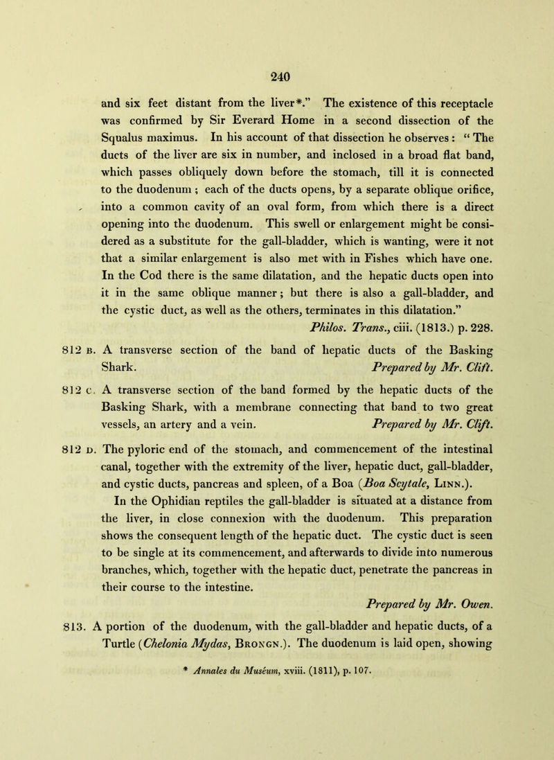 and six feet distant from the liver*.” The existence of this receptacle was confirmed by Sir Everard Home in a second dissection of the Squalus maximus. In his account of that dissection he observes : “ The ducts of the liver are six in number, and inclosed in a broad flat band, which passes obliquely down before the stomach, till it is connected to the duodenum ; each of the ducts opens, by a separate oblique orifice, . into a common cavity of an oval form, from which there is a direct opening into the duodenum. This swell or enlargement might be consi- dered as a substitute for the gall-bladder, which is wanting, were it not that a similar enlargement is also met with in Fishes which have one. In the Cod there is the same dilatation, and the hepatic ducts open into it in the same oblique manner; but there is also a gall-bladder, and the cystic duct, as well as the others, terminates in this dilatation.” Philos. Trans., ciii. (1813.) p. 228. 812 b. A transverse section of the band of hepatic ducts of the Basking Shark. Prepared by Mr. Clift. 812 c, A transverse section of the band formed by the hepatic ducts of the Basking Shark, with a membrane connecting that band to two great vessels, an artery and a vein. Prepared by Mr. Clift. 812 d. The pyloric end of the stomach, and commencement of the intestinal canal, together with the extremity of the liver, hepatic duct, gall-bladder, and cystic ducts, pancreas and spleen, of a Boa (.Boa Scytale, Linn.). In the Ophidian reptiles the gall-bladder is situated at a distance from the liver, in close connexion with the duodenum. This preparation shows the consequent length of the hepatic duct. The cystic duct is seen to be single at its commencement, and afterwards to divide into numerous branches, which, together with the hepatic duct, penetrate the pancreas in their course to the intestine. Prepared by Mr. Owen. 813. A portion of the duodenum, with the gall-bladder and hepatic ducts, of a Turtle (Chelonia Mydas, Brongn.). The duodenum is laid open, showing * Annales du Museum, xviii. (1811), p. 107.