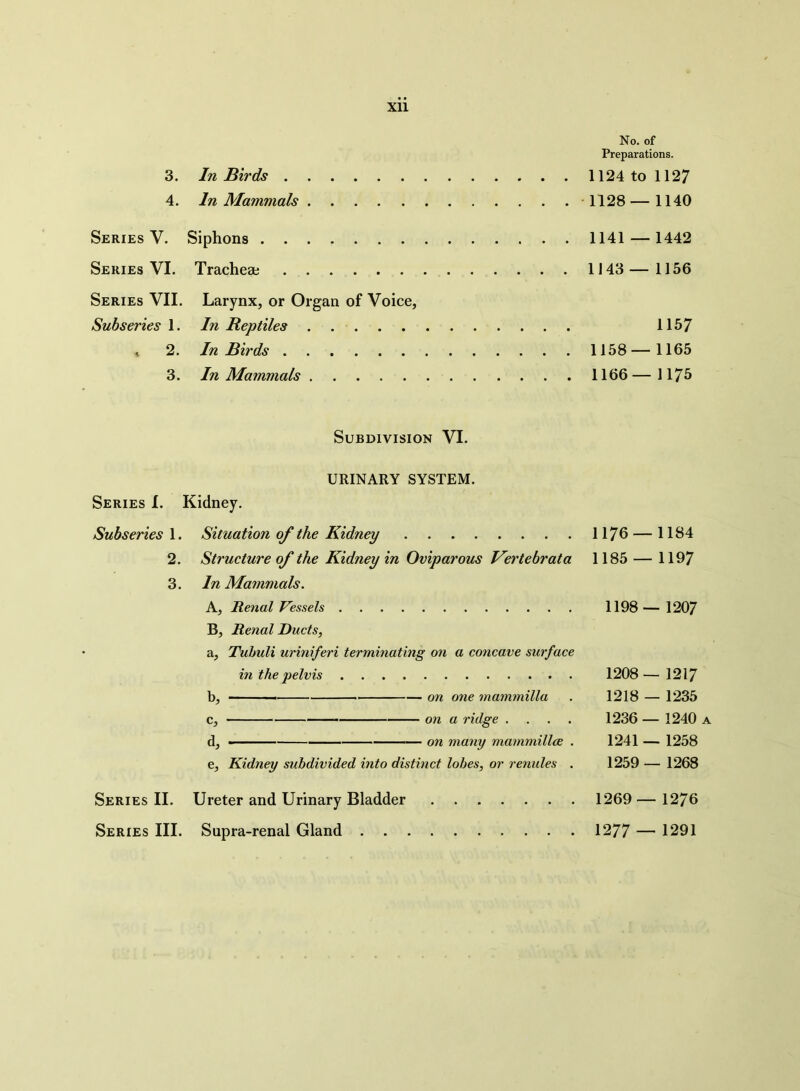 Xll 3. In Birds 4. In Mammals Series V. Siphons Series VI. Trachea; Series VII. Larynx, or Organ of Voice, Subseries 1. In Reptiles , 2. In Birds 3. In Mammals Subdivision VI. Series I. Kidney. URINARY SYSTEM. Subseries 1. 2. 3. Situation of the Kidney Structure of the Kidney in Oviparous Vertebrata In Mammals. A, Renal Vessels B, Renal Ducts, a, Tuhuli uriniferi terminating on a concave surface in the pelvis b, on one mammilla c, on a ridge .... d, on many mammillae . e, Kidney subdivided into distinct lobes, or renules . Series II. Ureter and Urinary Bladder Series III. Supra-renal Gland . . No. of Preparations. 1124 to 1127 1128 — 1140 1141 — 1442 1143 — 1156 1157 1158—1165 1166— 1175 1176 — 1184 1185 — 1197 1198— 1207 1208 — 1217 1218 — 1235 1236 — 1240 a 1241 — 1258 1259 — 1268 1269— 1276 1277 — 1291