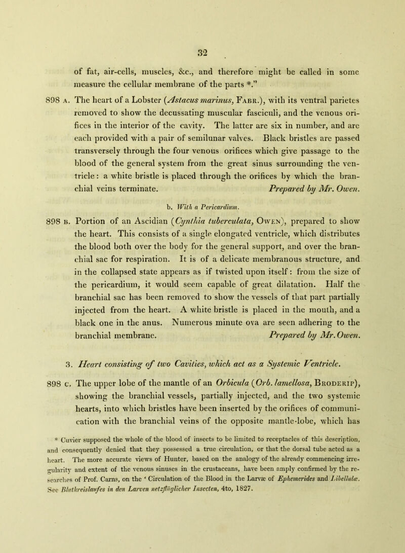 of fat, air-cells, muscles, &c., and therefore might be called in some measure the cellular membrane of the parts 898 a. The heart of a Lobster (Astacns marinus, Fabr.), with its ventral parietes removed to show the decussating muscular fasciculi, and the venous ori- fices in the interior of the cavity. The latter are six in number, and are each provided with a pair of semilunar valves. Black bristles are passed transversely through the four venous orifices which give passage to the blood of the general system from the great sinus surrounding the ven- tricle : a white bristle is placed through the orifices by which the bran- chial veins terminate. Prepared by Mr. Owen. b. With a Pericardium. 89S b. Portion of an Ascidian (Cynthia tuberculata, Owen), prepared to show the heart. This consists of a single elongated ventricle, which distributes the blood both over the body for the general support, and over the bran- chial sac for respiration. It is of a delicate membranous structure, and in the collapsed state appears as if twisted upon itself: from the size of the pericardium, it would seem capable of great dilatation. Half the branchial sac has been removed to show the vessels of that part partially injected from the heart. A white bristle is placed in the mouth, and a black one in the anus. Numerous minute ova are seen adhering to the branchial membrane. Prepared by Mr. Owen. 3. Heart consisting of two Cavities, which act as a Systemic Ventricle. 898 c. The upper lobe of the mantle of an Orbicula (Orb. lamellosa, Broderip), showing the branchial vessels, partially injected, and the two systemic hearts, into which bristles have been inserted by the orifices of communi- cation with the branchial veins of the opposite mantle-lobe, which has * Cuvier supposed the whole of the blood of insects to be limited to receptacles of this description, and consequently denied that they possessed a true circulation, or that the dorsal tube acted as a heart. The more accurate views of Hunter, based on the analogy of the already commencing irre- gularity and extent of the venous sinuses in the crustaceans, have been amply confirmed by the re- searches of Prof. Cams, on the ‘ Circulation of the Blood in the Larvae of Ephemerides and I.ibellulre. See Blutkreislavfes in den Larven netzflUglicher Insecten, 4to, 1827.