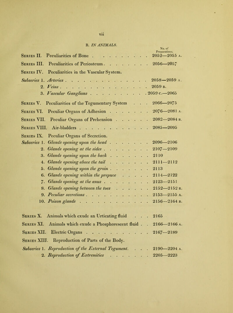 Vll B. IN ANIMALS. No. of Preparations. Series II. Peculiarities of Bone , 2052—2055 a. Series III. Peculiarities of Periosteum 2056—205/ Series IV. Peculiarities in the Vascular System. Subseries 1. Arteries 2058—2059 a. 2. Veins 2059 b. 3. Vascular Ganglions 2059 c.—2065 Series V. Peculiarities of the Tegumentary System . . . 2066—2075 Series VI. Peculiar Organs of Adhesion 2076—2081a Series VII. Peculiar Organs of Prehension 2082—2084 b. Series VIII. Air-bladders 2085—2095 Series IX. Peculiar Organs of Secretion. Subseries \. Glands opening upon the head 2096—2106 2. Glands opening at the sides 2107—2109 3. Glands opening upon the back 2110 4. Glands opening above the tail 2111—2112 5. Glands opening upon the groin 2113 6. Glands opening within the prepuce 2114—2122 7. Glands opening at the anus 2123—2151 8. Glands opening between the toes 2152—2152 b. 9. Peculiar secretions 2153—2155 a. 10. Poison glands 2156—2164 b. Series X. Animals which exude an Urticating fluid . . . 2165 Series XL Animals which exude a Phosphorescent fluid . . 2166—2166 a. Series XII. Electric Organs 2167—2189 Series XIII. Reproduction of Parts of the Body. Subseries 1. Reproduction of the External Tegument. . . . 2190—2204 a.