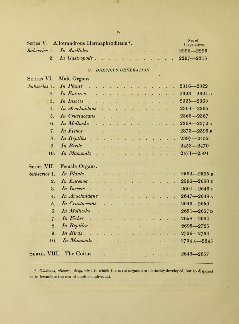 IV Series V. Allotrandrous Hermaphroditism*. Preparations. Subseries 1. In Anellides 2290—2296 2. In Gastropods 2297—2315 C. DICECIOUS GENERATION. Series VI. Male Organs. Subseries In Plants 2316—2322 2. In Entozoa 2323—2324 b 3. In Insects 2325—2363 4. In Arachnidans 2364—2365 5. In Crustaceans 2366—2367 6. In Mollusks 2368—2372 a 7. In Fishes 2373—2396 b 8. In Reptiles 2397—2452 9. In Birds 2453—2470 10. In Mammals 2471—2591 Series VII. Female Organs. Subseries 1. In Plants 2592—2595 b 2. In Entozoa 2596—2600 e 3. In Insects 2601—2646 c 4. In Arachnidans 2647—2648 a 5. In Crustaceans 2649—2650 6. In Mollusks 2651—2657 d 7. In Fishes 2658—2694 8. In Reptiles 2695—2725 9. In Birds 2726—2734 10. In Mammals 2734 a—2845 Series VIII. The Coitus 2846—2857 * dWorpios, aliems; dvrip, vir : in which the male organs are distinctly developed, but so disposed as to fecundate the ova of another individual.
