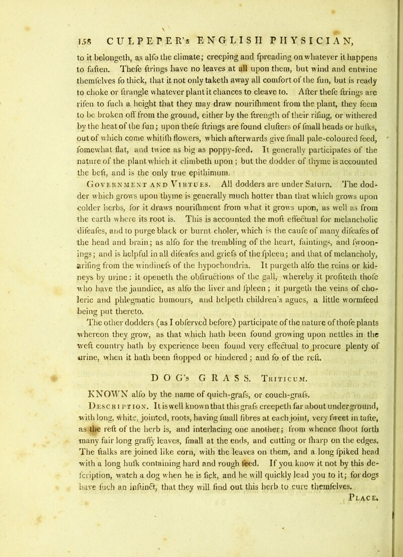 ]58 CULPEPER’S ENGLISH PHYSICIAN, to it belongeth, as alfo the climate; creeping and fpreading on whatever it happens to faften. Thefe firings have no leaves at all upon them, but wind and entwine themfelves fo thick, that it not only taketh away all comfort of the fun, but is ready to choke or ftrangle whatever plant it chances to cleave to. After thefe firings are rifen to fuch a height that they may draw nourilhment from the plant, they feem to be broken off from the ground, either by the ftrength of their rifing, or withered by the heat of the fun; upon thefe firings are found clufiers of fmall heads or hufks, out of which come whitilh flowers, w'hich afterwards give fmall pale-coloured feed, fomewhat flat, and twice as big as poppy-feed. It generally participates of the nature of the plant which it climbeth upon ; but the dodder of thyme is accounted llie beft, and is the only true epithimum. Government and Virtues. All dodders are under Saturn. The dod- der which grows upon thyme is generally much hotter than that which grows upon colder herbs, for it draws nourifliment from u hat it grows upon, as well as from the earth where its root is. This is accounted the moft effectual for melancholic difeafes, and to purge black or burnt choler, which is the caufeof many difeafesof the head and brain; as alfo for the trembling of the heart, faintings, and fwoon- ings; and is helpful in all difeafes and griefs of the fpleen; and that of melancholy, arifing from the windinefs of the hypochondria. It purgeth alfo the reins or kid- neys by urine: it openeth the obfiructions of the gall, whereby it profiteth thofe w ho have the jaundice, as alfo the liver and fpleen ; it purgeth the veins of cho- leric and phlegmatic humours, and helpeth children's agues, a little wormfeed being put thereto. The other dodders (as I obferved before) participate of the nature of thofe plants whereon they grow, as that which hath been found growing upon nettles in the weft country hath by experience been found very effectual to procure plenty of urine, when it hath been flopped or hindered ; and fo of the reft. D O G’s GRASS. Triticum. KNOWN alfo by the name of quich-grafs, or couch-grafs. Description. Itiswell known that this grafs creepeth far about underground, with long, white, jointed, roots, having fmall fibres at each joint, very fweet in tafie, as the refi of the herb is, and interlacing one another; horn whence flioot forth many fair long graffy leaves, fmall at the ends, and cutting or fharp on the edges. The fialks are joined like corn, with the leaves on them, and a long fpiked head with a long hulk containing hard and rough feed. If you know it not by this de- feription, watch a dog when he is fick, and he will quickly lead you to it; for dogs have luch an inftinCt, that they will find out this herb to cure themfelves. Place*