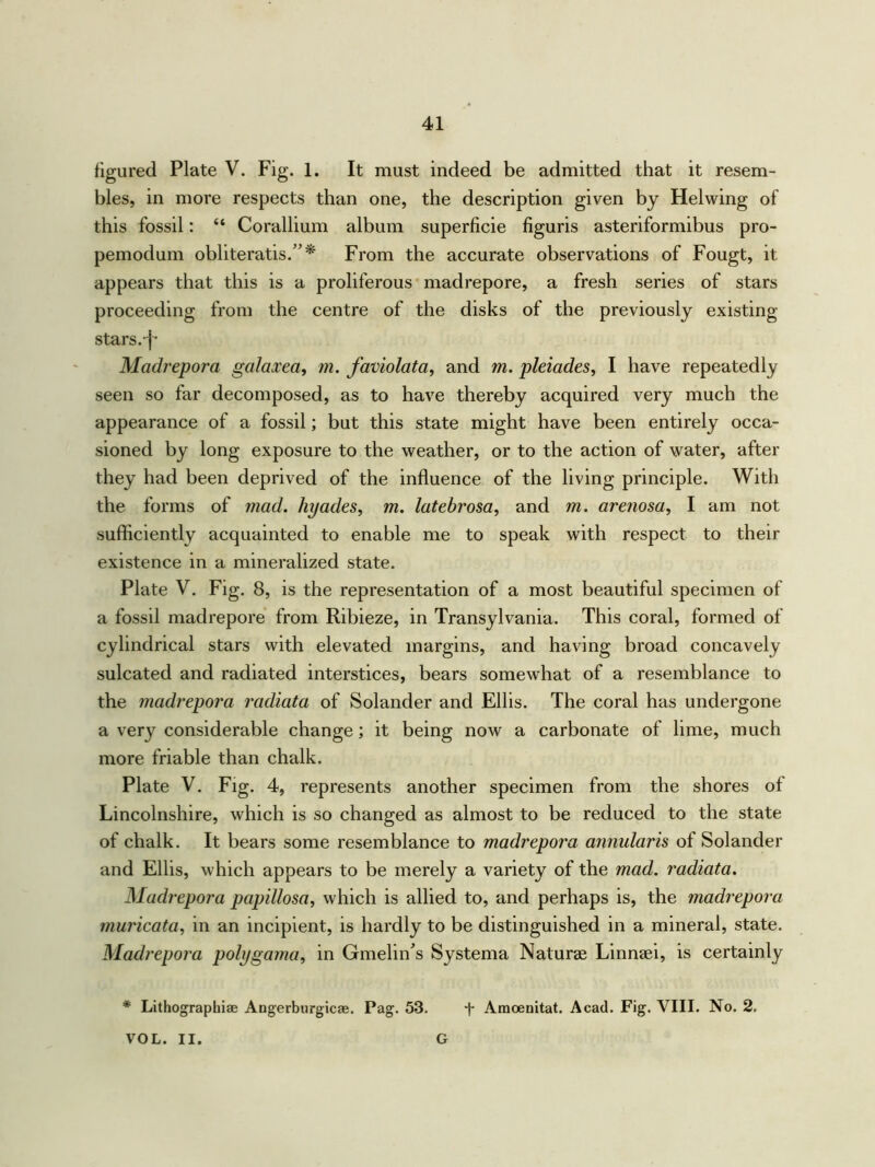 figured Plate V. Fig. 1. It must indeed be admitted that it resem- bles, in more respects than one, the description given by Helwing of this fossil: “ Corallium album superficie figuris asteriformibus pro- pemodum obliteratis.” * From the accurate observations of Fougt, it appears that this is a proliferous madrepore, a fresh series of stars proceeding from the centre of the disks of the previously existing stars, f- Madrepora galaxea, m. faviolata, and m. pleiades, I have repeatedly seen so far decomposed, as to have thereby acquired very much the appearance of a fossil; but this state might have been entirely occa- sioned by long exposure to the weather, or to the action of water, after they had been deprived of the influence of the living principle. With the forms of mad. hyades, m. latebrosa, and m. arenosa, I am not sufficiently acquainted to enable me to speak with respect to their existence in a mineralized state. Plate V. Fig. 8, is the representation of a most beautiful specimen of a fossil madrepore from Ribieze, in Transylvania. This coral, formed of cylindrical stars with elevated margins, and having broad concavely sulcated and radiated interstices, bears somewhat of a resemblance to the madrepora radiata of Solander and Ellis. The coral has undergone a very considerable change; it being now a carbonate of lime, much more friable than chalk. Plate V. Fig. 4, represents another specimen from the shores of Lincolnshire, which is so changed as almost to be reduced to the state of chalk. It bears some resemblance to madrepora annularis of Solander and Ellis, which appears to be merely a variety of the mad. radiata. Madrepora papillosa, which is allied to, and perhaps is, the madrepora tnuricata, in an incipient, is hardly to be distinguished in a mineral, state. Madrepora polygama, in GmeliiTs Systema Naturae Linnaei, is certainly * Lithographiae Angerburgicae. Pag. 53. t Amoenitat. Acad. Fig. VIII. No. 2, VOL. II. G