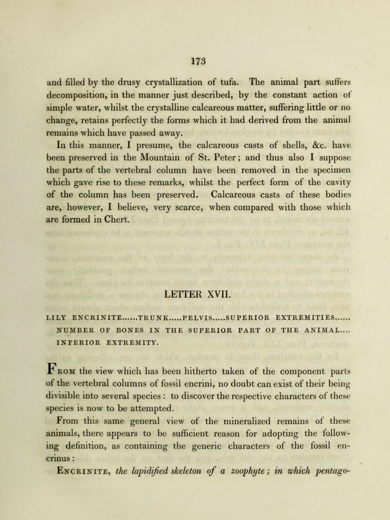 and filled by the drusy crystallization of tufa. The animal part suffers decomposition, in the manner just described, by the constant action of simple water, whilst the crystalline calcareous matter, suffering little or no change, retains perfectly the forms which it had derived from the animal remains which have passed away. In this manner, I presume, the calcareous casts of shells, &c. have been preserved in the Mountain of St. Peter; and thus also I suppose the parts of the vertebral column have been removed in the specimen which gave rise to these remarks, whilst the perfect form of the cavity of the column has been preserved. Calcareous casts of these bodies are, however, I believe, very scarce, when compared with those which are formed in Chert. LETTER XVII. LILY ENCRINITE TRUNK PELVIS SUPERIOR EXTREMITIES NUMBER OF BONES IN THE SUPERIOR PART OF THE ANIMAL.... INFERIOR EXTREMITY. From the view which has been hitherto taken of the component parts of the vertebral columns of fossil encrini, no doubt can exist of their being- divisible into several species : to discover the respective characters of these species is now to be attempted. From this same general view of the mineralized remains of these animals, there appears to be sufficient reason for adopting the follow- ing definition, as containing the generic characters of the fossil en- crinus: Encrinite, the lapidified skeleton of a zoophyte; in which pentago-