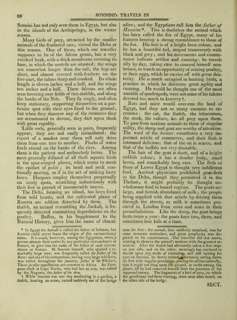 Sonnrni has not only seen them in Egypt, but also in the islands of the Archipelago, in the winter season. Many birds of prey, attracted by the smaller animals of the feathered race, visited the Delta at this season. One of these, which our traveller supposes to be of the falcon genus, has a very crooked beak, with a thick membrane covering its base, in which the nostrils are situated: the wings are somewhat longer than the tail; the legs are short, and almost covered with feathers on the fore-part, the talons sharp and crooked. Its whole length is eleven inches and a hall, and the wings ten inches and a half. These falcons are often seen hovering over fields of rice-stubble, and along the banks of the Nile. They fly singly, and often keep stationary, supporting themselves on a par- ticular spot with their eyes fixed to the ground; but when they discover any of the creatures they are accustomed to devour, they dart upon them with great rapidity. Little owls, generally seen in pairs, frequently appear; they are not easily intimidated: the report of a musket near them will only drive them from one tree to another. Flocks of water fowls attend on the banks of the river. Among them is the patient and melancholy heron. The most generally diffused of all thefe aquatic birds is the spur-winged plover, which seems to merit the epithet of polite; its head and neck con- tinually moving, as if in the act of making hasty bows. Hoopoes employ themselves perpetually on sandy spots, scratching industriously with their feet in pursuit of innumerable insects. The Delta, forming an island, has been freed from wild beasts, and the cultivated plains of Rosetta are seldom disturbed by them. The thaleb, an animal resembling theJackall, is fre- quently detected committing depredations on the poultry. Buffon, in his Supplement to the Natural History, gives him the name of chacal- * In Egypt the Jackall is called the father of Soliman, but Sonnini could never learn the origin of this extraordinary name. It is usual, however, among the Egyptians, when.a person attracts their notice by any particular circumstance or feature, to give him the name of the father of such circum- stance or feature. M. Sonnini himself, who sported a re- markably large nose, was frequently called the father of the Nose: and one of his companions, having very large whiskers, was called throughout the journey, father of the Whiskers. These jocular appellations are common in Africa. An Euro- pean clerk at Cape Verde, who had lost an arm, was called by the Negroes, the father of the Ann. + While Sonnini was one day meditating in a garden, a thaleb, hearing no noise, rushed suddenly out of the hedge adive; and the Egyptians call him the father of Husseim *. This is doubtless the animal which has been called the fox of Egypt, many of his features bearing a strong resemblance to those of the fox. Elis hair is of a bright fawn colour, and he has a beautiful tail, striped transversely with black and grey; and his movements and counte- nance indicate artifice and cunning: he travels slily by day, taking care to conceal himself near houses, to watch an opportunity of seizing poultry, or their eggs, which he carries off with great dex- terity. He is much occupied in hunting birds, a practice in which he discovers great agility and cunning. He would be thought one of the most amiable of quadrupeds, were not some of his talents devoted too much to knavery f. Rats and mice would over-run the land of Egypt, had they not so many enemies to en- counter: the cat, the thaleb, the ichneumon, the stork, the vulture, &c. all prey upon them. To pass from noxious animals to those of singular utility, the sheep and goat are worthy of attention. The wool of the former constitutes a very im- portant article of commerce, and their flesh is esteemed delicious: that of the ox is scarce, and that of the buffalo not very desirable. The hair of the goat is short, and of a bright reddish colour; it has a slender body, small horns, and remarkably long ears. The flesh of those of Lower Egypt is thought very indifferent food. Ancient physicians prohibited goat-flesh in the Delta, though they permitted it in the Thebais; it might probably be thought un- wholesome food in humid regions. The goats are large, and furnish abundance of milk; the people being supplied with that article by driving them through the streets, as milk is sometimes pro- cured in London from cows and asses in their perambulations. Like the sheep, the goat brings forth twice a year: the goats have two, three, and sometimes four kids at a time. near his feet: the animal, thus suddenly surprised, was for some moments motionless, and great perplexity was de- picted on his countenance. Our traveller did not move, wishing to observe the animal’s motions with the greatest at- tention. After the thaleb had alternately taken a few steps on one side, and on the other, seemingly too confused to decide upon any mode of retreating, and still turning his eyes on Sonnini, he slowly retired^lternately setting down his feet with singular precaution, placing his tail horizontally, that it might not drag upon the ground, or rustle among the plants, till he hud removed himself from the presence of his supposed enemy. The fragments of a bird of prey, on which this gentleman had been feasting, were soon after found, on the other side of the hedge. SECT.