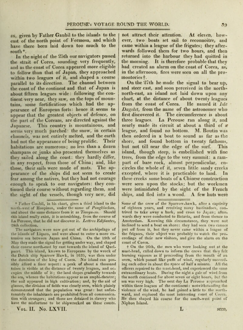 su, given by Father Gaubil to the islands to the east of the north point of Formosa, and which have there been laid down too much to the south*. In the night of the 25th our navigators passed the strait of Corea, sounding very frequently, and as the coast of Corea appeared more eligible to follow than that of Japan, they approached within two leagues of it, and shaped a course parallel to its direction. The channel between the coast of the continent and that of Japan is about fifteen leagues wide: following the con- tinent very near, they saw, on the tops of moun- tains, some fortifications which had the ap- pearance of European forts: hence it seems to appear that the greatest objects of defence, on the part of the Coreans, are directed against the Japanese. This country is mountainous, and seems very much parched: the snow, in certain channels, was not entirely melted, and the earth had not the appearance of being prolific. Their habitations are numerous; no less than a dozen shampans or junks also presented themselves as they sailed along the coast: they hardly differ, in any respect, from those of China; and, like those, their sails were made of mats. The ap- pearance of the ships did not seem to create tear among the natives, but they had not courage enough to speak to our navigators: they con- tinued their course without regarding them, and the sight of the vessels, though very new, did * Father Gaubil, in his chart, gives a third island to the north-west of Hoapinsu, under the name of Pongkiachan, and about the same distance from it as Tiaoyu-su. Should «his island really exist, it is astonishing, from the course of La Perouse, that he did not discover it. Lettres Edijiantes, 28th collection. The navigators were now got out of the archipelago of the islands of Liquco, and were about to enter a more ex- tensive sea between Japan and China. On the 19th of .May they made the signal for getting under way, and shaped their course north-east by east towards the island of Quel- paert. This island, known to F.uropeans by the wreck of the Dutch ship Sparrow Hawk, in 1635, was then under the dominion of the king of Corea. No island can pos- sibly alford a liner aspect: a peak of about a thousand toiscs is visible at the distance of twenty leagues, and oc- cupies the middle of it; the land slopes gradually towards the sea, whence the habitations appear as an amphi-theatre; the soil appeared in high cultivation; and, by the aid of glasses, the division of fields was clearly seen, which plainly demonstrated that the population was great: but unfor- tunately the inhabitants are prohibited from all communica- tion with strangers; and those are detained in slavery who have the misfortune to be shipwrecked on these coasts. Vol. II. No. LXVII. not attract their attention. At eleven, how- ever, two boats set sail to reconnoitre, and came within a league of the frigates; they after- wards followed them for two hours, and then returned into the harbour they had quitted in the morning. It is therefore probable that they had created an alarm on the coast of Corea, as, in the afternoon, fires were seen on all the pro- montories f. On the 27th he made the signal to bear up, and steer east, and soon perceived in the north- north-east, an island not laid down upon any chart, at the distance of about twenty leagues from the coast of Corea. He named it Isle Dagelet, from the name of the astronomer who first discovered it. The circumference is about three leagues. La Perouse ran along it, and nearly made its circuit at about a third of ar league, and found no bottom. M. Boutin was then ordered in a boat to sound as far as the shore, and found bottom in twenty fathoms, but not till near the edge of the surf. This island, though steep, is embellished with fine trees, from the edge to the very summit: a ram- part of bare rock, almost perpendicular, en- circles the whole of it, seven little sandy creeks excepted, where it is practicable to land. In these creeks some boats of a Chinese construction were seen upon the stocks; but the workmen were intimidated by the sight of the French ships, and fled into a wood. A few huts were Some of the crew of the Sparrow-hawk, after a captivity of eighteen years, and receiving many bastinadoes, con- trived to take away a bark, and cross to Japan; after- wards they were conducted to Batavia, and from thence to Amsterdam. Knowing this circumstance, they were not inclined to send a boat on shore: they had seen two canoes put off from it, but they never came within a league of the frigates, their object was probably to watch the pro- ceedings of their new visitors, and give the alarm on the coast of Corea. + On the 26th, the men who were looking out at the mast-head, called down to inform the crews that they felt burning vapours as if proceeding from the mouth of an oven, which passed like puffs of wind, regularly succeed- ing each other in about the space of half a minute. All the officers repaired to the mast-head, and experienced the same extraordinary heats. During the night a gale of wind from the north continued for about seven or eight hours, but the sea was very high. The next day La Perouse approached within three leagues of the continent: notwithstanding the violence of the wind, he had gained a little to the north- ward, and explored the most interesting coast of Corea. He then shaped his course for the south-west point of Niphon Island. L seen