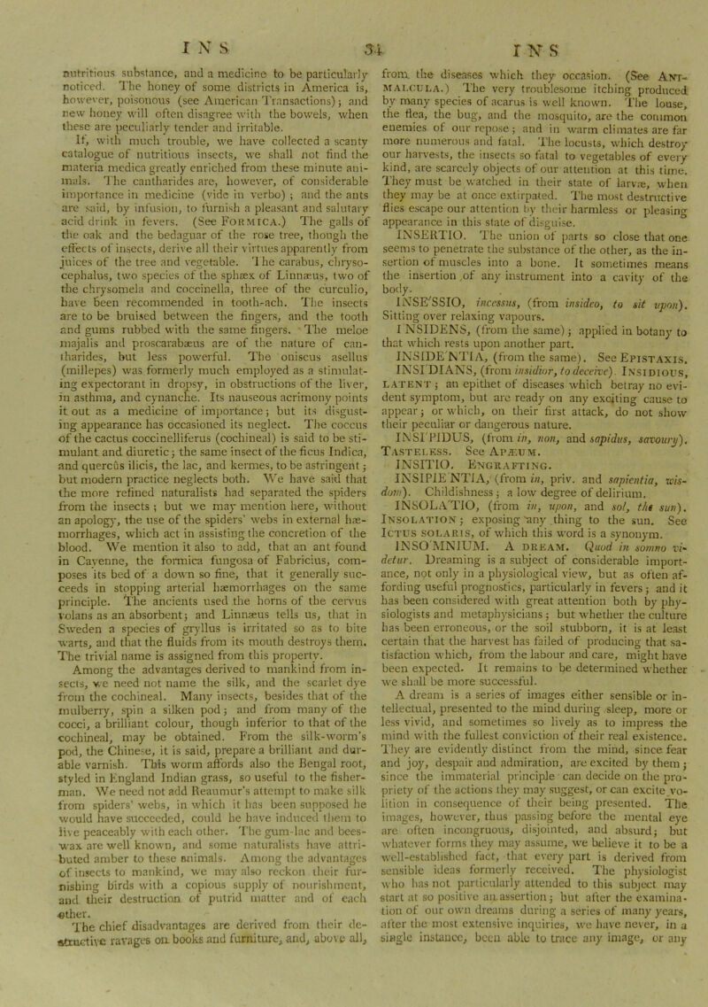 nutritious substance, and a medicine to be particularly- noticed. Tlie honey of some districts in America is, however, poisonous (see American Transactions); and new honey will often disagree with the bowels, when these are peculiarly tender and irritable. It, with much trouble, we have collected a scanty catalogue of nutritious insects, we shall not find the materia medica greatly enriched from tliese minute ani- mals. The cantharides are, however, of considerable importance in medicine (vide in verbo) ; and the ants are .said, by infusion, to furnish a pleasant and salutary acid drink in fevers. (See Formica.) The galls of the oak and the bedaguar of the rose tree, though the effects of insects, derive all their virtues apparently from juices of the tree and vegetable. '1 he carabus, chryso- cephalus, two species of the spheex of Linnaeus, two of the chrysomela and coccinella, three of the curculio, have been recommended in tooth^ach. The insects are to be brui.sed between the fingers, and the tooth and gums rubbed with the same fingers. The meloe majalis and proscarabaeus are of the nature of can- iharides, but less powerful. The oniscus asellus (millepes) was formerly much employed as a stimulat- ing expectorant in dropsy, in obstructions of the liver, in asthma, and cynanche. Its nauseous acrimony points it out as a medicine of importance; but its disgust- ing appearance has occasioned its neglect. The coccus of the cactus coccinelliferus (cochineal) is said to be sti- mulant and diuretic} the same insect of the ficus Indica, and quercus ilicis, the lac, and kermes, to be astringent j but modern practice neglects both. We have said that the more refined naturalists had separated the spiders from the insects ; but we may mention here, without an apology, the use of the spiders’ webs in external hae- morrhages, which act in assisting the concretion of the blood. We mention it also to add, that an ant found in Cayenne, the fonnica fungosa of Fabricius, com- poses its bed of a down so fine, that it generally suc- ceeds in stopping arterial haemorrhages on the same principle. The ancients used the horns of the ceiwus volans as an absorbent; and Linnaeus tells us, that in Sweden a species of gryllus is irritated so as to bite warts, and that the fluids from its mouth destroys them. The trivial name is assigned from this property. Among the advantages derived to mankind from in- sects, we need not name the silk, and the scarlet dye from the cochineal. Many insects, besides that of the mulberry, spin a silken pod; and from many of the cocci, a brilliant colour, though inferior to that of the cochineal, may be obtained. From the silk-worm’s pod, the Chinese, it is said, prepare a brilliant and dur- able varnish. This worm affiirds also the Bengal root, styled in Kngland Indian grass, so useful to the fisher- man. We need not add Reaumur’s attempt to make silk from spiders’ webs, in which it has been supposed he would have succeeded, could he have induced them to live peaceably with each other. The gum-lac and bees- wax are well known, and some naturalists have attri- buted amber to these animals. Among the advantages of insects to mankind, we may also reckon ihcir fur- nishing birds with a copious supply of nourishment, and. their destruction of putrid matter and of each «ther. The chief disadvantages are derived from their de- atruGtivc ravages on books and furniture, and, above all. from, the diseases which they occasion. (See Atn* MAI.CULA.) The very troublesome itching produced, by many species of acarus is well known. Tlie louse, the flea, the bug, and the mosquito, are the common enemies of ourrepo.se; and in warm climates are far more numerous and fatal. The locusts, which destroy our harvests, the insects so fatal to vegetables of every kind, are scarcely objects of our attention at this time. They must be watched in their state of larv.-e, when they may be at once extirpated. The most destructive flies e.scape our attention by their harmless or pleasing appearance in this stale of disgui.se. INSERTIO. The union of parts so close that one seems to penetrate the substance of the other, as the in- sertion of muscles into a bone. It sometimes means the insertion ,of any instrument into a cavity of the body. INSE^SSIO, iiicessus, (from insidco, to sit vpon). Sitting over relaxing vapours. I NSIDENS, (from the same); applied in botany to that which rests upon another part. INSIDE'NTIA, (from the same). See Epistaxis. INSI DIANS, (from i/isidior, to deceive). Insidious, LATENT ; an epithet of diseases which betray no evi- dent symptom, but arc ready on any exciting cause to appear; or which, on their first attack, do not show their peculiar or dangerous nature. INSI'PIDUS, (from non, and iopidiw, savoury). Tasteless. See Apajum. INSITIO, Engkafting. INSIPIE'NTIA, (from in, priv. and sapientia, wis- do7ii). Childishness; a low degree of delirium. INSOLA'TIO, (from in, upon, and so/, t/ie su?i). Insolation; exposing'any thing to the sun. See Ictus Solaris, of which this word is a synonym. INSOMNIUM. A DREAM. Quod in somno vi~ detur. Dreaming is a subject of considerable import- ance, not only in a physiological view, but as often af- fording useful prognostics, particularly in fevers; and it has been considered with great attention both by phy- siologists and metaphysicians ; but whether the culture has been erroneous, or the soil stubborn, it is at least certain that the harvest has failed of producing that sa- tisfaction which, from the labour and care, might have been expected. It remains to be determined whether we shall be more successful. A dream is a series of images either sensible or in- tellectual, presented to the mind during sleep, more or le.ss vivid, and sometimes so lively as to impress the mind with the fullest conviction of their real existence. They are evidently distinct from the mind, since fear and joy, despair and admiration, are excited by them ; since the immaterial principle can decide on the pro- priety of the actions they may suggest, or can excite, vo- lition in consequence of their being presented. The images, however, thus passing before the mental eye are often incongruous, disjointed, and absurd; but whatever forms they may assume, we believe it to be a well-established fact, that every part is derived from sensible ideas formerly received. The physiologist who has not particularly attended to this subject may start at so positive aaassertion; but after the examina- tion of our own dreams during a series of many years, after the most extensive inquiries, we have never, in a single instance, been able to trace any image, or any
