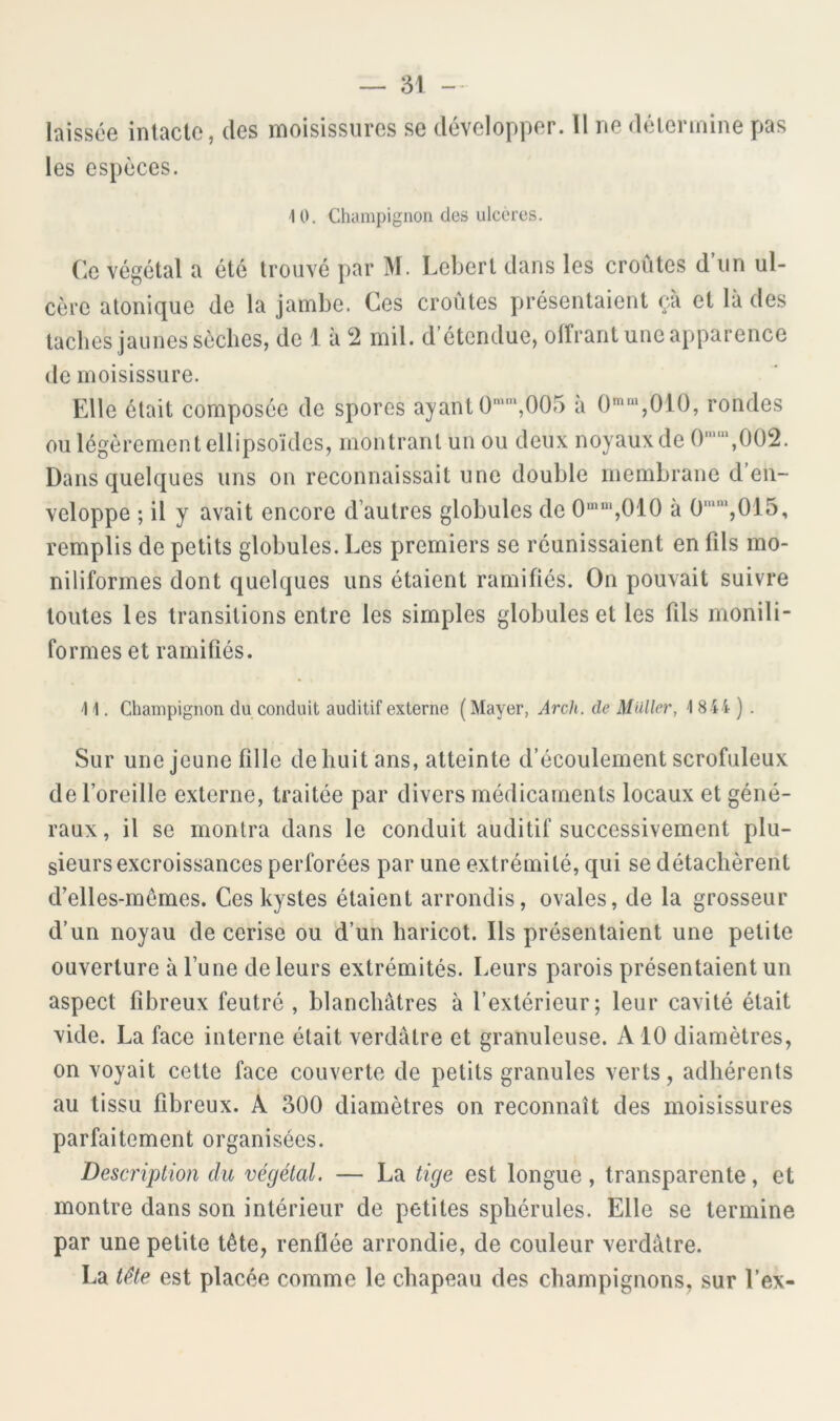 — 31 laissée intacte, des moisissures se développer. 11 ne détermine pas les espèces. U>. Chcimpignoii des ulcérés. Ce végétal a été trouvé par M. Leberl dans les croûtes d’un ul- cère atonique de la jambe. Ces croûtes présentaient ça et là des taches jaunes sèches, de 1 à 2 mil. d’étendue, offrant une apparence de moisissure. Elle était composée de spores ayant 005 à 0-™,010, rondes ou légèrement ellipsoïdes, montrant un ou deux noyaux de 0‘“‘,002. Dans quelques uns on reconnaissait une double membrane d’en- veloppe ; il y avait encore d’autres globules de 0“*“‘,010 à 0““,015, remplis de petits globules. Les premiers se réunissaient en fils mo- niliformes dont quelques uns étaient ramifiés. On pouvait suivre toutes les transitions entre les simples globules et les fils monili- formes et ramitiés. \ 1. Champignon du conduit auditif externe ( Mayer, Arch. de Muller, 1 844 ) . Sur une jeune fille dehuit ans, atteinte d’écoulement scrofuleux de l’oreille externe, traitée par divers médicaments locaux et géné- raux , il se montra dans le conduit auditif successivement plu- sieurs excroissances perforées par une extrémité, qui se détachèrent d’elles-mômes. Ces kystes étaient arrondis, ovales, de la grosseur d’un noyau de cerise ou d’un haricot. Ils présentaient une petite ouverture à l’une de leurs extrémités. Leurs parois présentaient un aspect fibreux feutré , blanchâtres à l’extérieur; leur cavité était vide. La face interne était verdâtre et granuleuse. A10 diamètres, on voyait cette face couverte de petits granules verts, adhérents au tissu fibreux. A 300 diamètres on reconnaît des moisissures parfaitement organisées. Description du végétal. — La tige est longue, transparente, et montre dans son intérieur de petites sphérules. Elle se termine par une petite tête, renflée arrondie, de couleur verdâtre. La tête est placée comme le chapeau des champignons, sur l’ex-