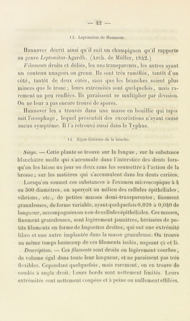 13. Leploniitus de Hannover. liannover décrit ainsi qu’il suit un champignon qu’il rapporte au genre Lc/jto//u7«5-Agardh. (Arcii. de Müller, i8/i'2.) Filaments droits et déliés, les uns transparents, les autres ayant un contenu nuageux ou grenu, lis sont très ramifiés, tantôt d’un côté, tantôt de deux côtés, sans que les branches soient plus minces que le tronc; leurs extrémités sont quelquelôis, mais ra- rement un peu renllées. Ils paraissent se multiplier par division. On no leur a pas encore trouvé de spores. Hannover les a trouvés dans une masse en bouillie qui tapis sait l’oesophage , lequel présentait des excoriations n’ayant causé aucun symptôme. H l’a retrouvé aussi dans le Typhus. » 14, Algue filitorme de la bouche. Siège. — Cette plante se trouve sur la langue , sur la substance blanchâtre molle qui s’accumule dans l’interstice des dents lors- qu’on les laisse un jour ou deux sans les soumettre à l’action de la brosse; sur les matières qui s’accumulent dans les dents cariées. Lorsqu’on soumet ces substances à l’examen microscopique à A ou 500 diamètres, on aperçoit au milieu des cellules épithéliales , vibrions, etc., de petites masses demi-transparentes, finement granuleuses, déformé variable, ayantquelquefois 0,020 à 0,0/i0 de longueur, accompagnéesou non decellulesépilhéliales. Ces masses, finement granuleuses, sont légèrement jaunâtres, hérissées de pe- tits filaments en forme de baguettes droites, qui ont une extrémité libre et une autre implantée dans la masse granuleuse. On trouve en même temps beaucoup de ces filaments isolés, nageant ça et là. Description. — Ces filaments sont droits ou légèrement courbes , de volume égal dans toute leur longueur, et ne paraissent pas très llexibles. Cependant quelquefois, mais rarement, on en trouve de coudés à angle droit. Leurs fiords sont nettement limités. Leurs extrémités sont nettement coiqiées et à [leine ou nullement effilées.