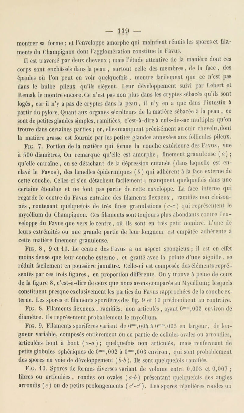 montrer sa forme; et l’enveloppe amorphe rpii maintient réunis les spores et fila* mentsdu Champignon dont l’aggloinéralion constitue le Favus. Il est traversé par deux cheveux ; mais l’élude attentive de la manière dont ces corps sont enchâssés dans la peau , surtout celle des membres, de la face , des épaules où l’on peut en voir quelquefois, montre facilement que ce n’est pas dans le bulbe pileux qu’ils siègent. Leur développement suivi par Lebert et llemak le montre encore. Ce ii’esl pas non plus dans les cryptes sébacés qu’ils sont logés t car il n’y a pas de cryptes dans la peau , il n’y en a que dans l’inleslin à partir du pylore. Quant aux organes sécréteurs de la matière sébacée à la peau , ce sont de petites glandes simples, ramifiées, c’est-à-dire à culs-de-sac multiples qu’on trouve dans certaines parties ; or, elles manquent précisément au cuir chevelu,dont la matière grasse est fournie par les petites glandes annexées aux follicules pileux. Fig. 7. Portion de la matière qui forme la couche extérieure des Favus, vue à 500 diamètres. On remarque qu’elle est amorphe, finement granuleuse («) ; qu’elle entraîne, en se détachant de la dépression cutanée (dans laquelle est en- clavé le Favus), des lamelles épidermiques {b) qui adhèrent h la face externe de cette couche. Celles-ci s’en détachent facilement ; manquent quelquefois dans une certaine étendue et ne font pas partie de celte enveloppe. La face interne qui regarde le centre du Favus entraîne des filaments flexueux , ramifiés non cloison- nés , contenant quelquefois de très fines granulations (c-c) qui représentent le mycélium du Champignon. Ces filaments sont toujours plus abondants coiiire l’en- veloppe du Favus que vers le centre, où ils sont en très petit nombre. L’une de leurs extrémités ou une grande partie de leur longueur est empâtée adhérente à celte matière finement granuleuse. Fig. 8 , 9 et 10. Le centre des Favus a un aspect spongieux; il est en dTct moins dense que leur couche externe , et gratté avec la pointe d’une aiguille , se réduit facilement en poussière jaunâtre. Celle-ci est composée des éléments repré- sentés par ces trois figures, en proportion différente. On y trouve à peine de ceux de la figure 8, c’est-à-dire de ceux que nous avons comparés au Mycélium; lesquels constituent presque exclusivement les parties du Favus rapprochées de la couche ex- terne. Les spores et filaments sporifères des fig. 9 et 10 prédominent au contraire. Fig. 8. Filaments flexueux, ramifiés, non articulés, ayant 0”,003 en\iron de diamètre. Ils représentent probablement le mycélium. Fig. 9. Filaments sporifères variant de 0''“,00ù à 0'’,005 en largeur, de lon- gueur variable, composés entièrement ou en partie de cellules ovales ou ai rondies, articulées bout à bout («-«); quelquefois non articulés, mais renfermant de petits globules sphériques de 0'',002 à 0’\003 environ, qui sont probablement des spores en voie de développement [b-b). Ils sont quelquefois ramifiés. Fig. 10. Spores de formes diverses variant de volume entre 0,003 et 0,007 ; libres ou articulées, rondes ou ovales [ci-b] présentant quelquefois des angles arrondis (c) ou de petits prolongements ( c'-c'). Les spores régulières rondes ou