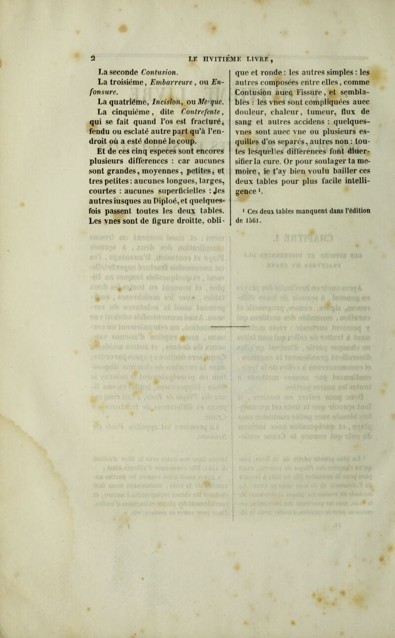 La seconde Contusion. La troisième, Embarreure, ou En- fonsure. La quatrième, Incision, ou Me* que. La cinquième , dite Contrefente, qui se fait quand l’os est fracturé, fendu ou esclalé autre part qu’à l’en- droit où a esté donné le coup. Et de ces cinq especes sont encores plusieurs différences : car aucunes sont grandes, moyennes, petites, et très petites : aucunes longues, larges, courtes : aucunes superficielles : Jes autres iusques au Diploé, et quelques- fois passent toutes les deux tables. Les vnes sont de figure droitte, obli- que et ronde : les autres simples : les autres composées entre elles, comme Contusion auec Fissure, et sembla- bles : les vnes sont compliquées auec douleur, chaleur, tumeur, flux de sang et autres accidens : quelques- vnes sont auec vne ou plusieurs es- quilles d’os séparés, autres non : tou- tes lesquelles différences font diuer- sifier la cure. Or pour soulager ta mé- moire, ie t’ay bien voulu bailler ces deux tables pour plus facile intelli- gence L 1 Ces deux tables manquent dans l’édition de 1561.