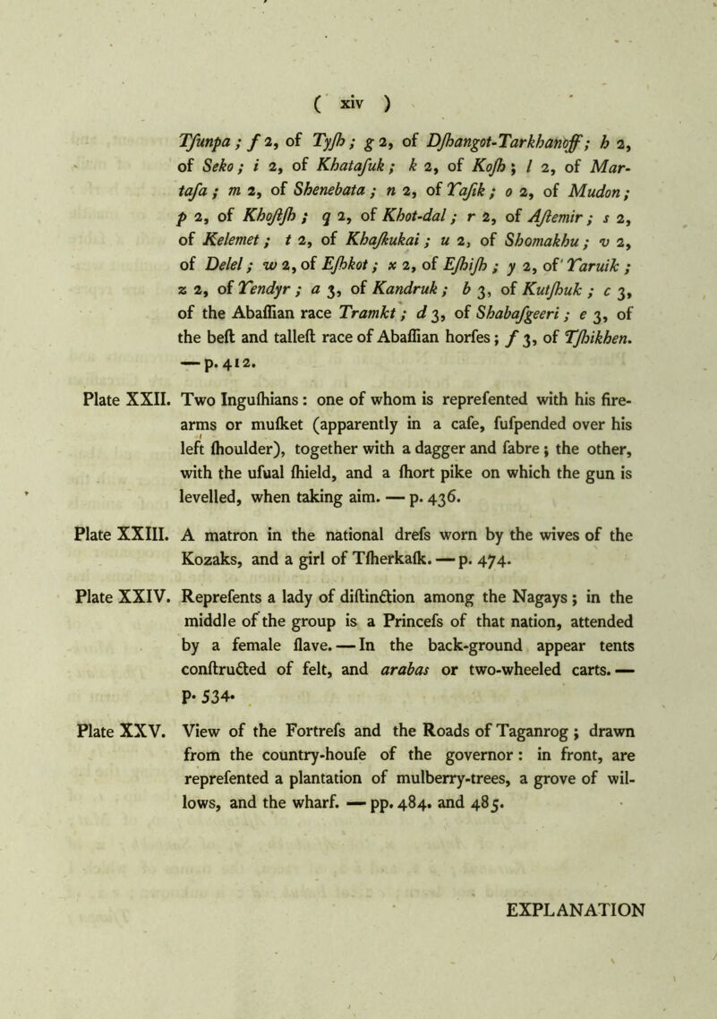 Tfunpa ; f 2, of Ty/h ; g 2, of Dßangot-Tarkhanoff; h 2, of Seko ; i 2, of Khatafuk ; k 2, of Koß; / 2, of Mar- tafa ; m 2, of Shenebata ; n 2, of Tafik ; 0 2, of Mudon ; p a, of Khoßß i q 2, of Khot-dal; r 2, of Aßemir ; s 2, of Kelemet; t 2, of Khaßukai; u 2, of Shomakhu ; v 2, of Delel; w 2, of Eßkot; x 2, of Eßiß ; y 2, of' TaruiJc ; z 2, of Tendyr ; a 3, of Kandruk ; b 3, of KutßuJc ; c 3, of the Abaffian race Tramkt; d 3, of Shabafgeeri; e 3, of the beft and tallefl: race of Abaffian horfes; / 3, of Tßikhen. — p. 412. Plate XXII. Two Inguffiians : one of whom is reprefented with his fire- arms or mulket (apparently in a cafe, fufpended over his left ffioulder), together with a dagger and fabre; the other, with the ufual ffiield, and a ffiort pike on which the gun is levelled, when taking aim. — p. 436. Plate XXIII. A matron in the national drefs worn by the wives of the Kozaks, and a girl of Tffierkalk. — p. 474. Plate XXIV. Reprefents a lady of diftin&ion among the Nagays ; in the middle of the group is a Princefs of that nation, attended by a female Have. — In the back-ground appear tents conftrudted of felt, and arabas or two-wheeled carts.— P- 534- Plate XXV. View of the Fortrefs and the Roads of Taganrog ; drawn from the country-houfe of the governor: in front, are reprefented a plantation of mulberry-trees, a grove of wil- lows, and the wharf. — pp. 484. and 485. EXPLANATION