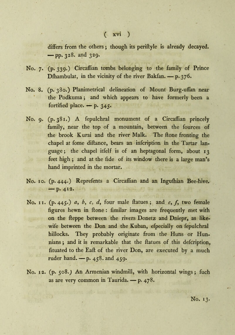 differs from the others; though its periftyle is already decayed. — pp. 328. and 329. No. 7. (p. 339.) Circaffian tombs belonging to the family of Prince Dfhambulat, in the vicinity of the river Bakfan. — p.376. No. 8. (p. 380.) Planimetrical delineation of Mount Burg-uffan near the Podkuma; and which appears to have formerly been a fortified place. — p. 345. No. 9. (p.381.) A fepulchral monument of a Circaffian princely family, near the top of a mountain, between the fources of the brook Kurai and the river Malk. The ftone fronting the chapel at fome diftance, bears an infcription in the Tartar lan- guage; the chapel itfelf is of an heptagonal form, about 13 feet high ; and at the fide of its window there is a large man’s hand imprinted in the mortar. No. 10. (p.444.) Reprefents a Circaffian and an Inguffiian Bee-hive. — p. 412. No. 11. (p.445.) a, b, c, dy four male ftatues ; and e, /, two female figures hewn in ftone : fimilar images are frequently met with on the fteppe between the rivers Donetz and Dniepr, as like- wife between the Don and the Kuban, efpecially on fepulchral hillocks. They probably originate from the Huns or Hun- nians; and it is remarkable that the ftatues of this defcription, fituated to the Eaft of the river Don, are executed by a much ruder hand. — p. 458. and 459. No. 12. (p. 508.9 An Armenian windmill, with horizontal wings; fuch as are very common in Taurida. — p. 478. No. 13.
