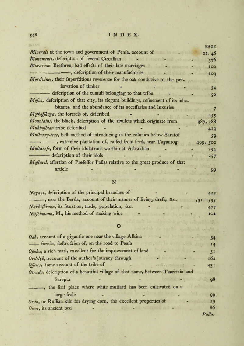 Minerals at the town and government of Penfa, account of Monuments, defcription of feveral Circaflian Moravian Brethren, bad effefts of their late marriages , defcription of their manufactories Mordvines, their fuperftitious reverence for the oak conducive to the pre- fervation of timber - - defcription of the tumuli belonging to that tribe Mofco, defcription of that city, its elegant buildings, refinement of its inha bitants, and the abundance of its neceffaries and luxuries Moßofßaya, the fortrefs of, defcribed Mountains, the black, defcription of the rivulets which originate from Mukhoßian tribe defcribed ... Mulberry-tree, bell method of introducing in the colonies below Saratof y extenfive plantation of, raifed from feed, near Taganrog Multanefe, form of their idolatrous worfhip at Aftrakhan — defcription of their idols Mußard, aflertion of PrefefTor Pallas relative to the great produce of that article N Nagays, defcription of the principal branches of , near the Berda, account of their manner of living, drefs, &c. Nakhtßivan, its fituation, trade, population, &c. Nitfchmann, M., his method of making wine o Oak, account of a gigantic one near the village Alkina forefts, deftruftion of, on the road to Penfa - - 14 Opoka, a rich marl, excellent for the improvement of land - 31 Ordelyk, account of the author’s journey through - - 162 O/fetes, fome account of the tribe of - - -431 Otrada, defcription of a beautiful village of that name, between Tzaritzin and Sarepta - - 98 , the firft place where white muftard has been cultivated on a large fcale - - - 99 Ovin, or Ruffian kiln for drying corn, the excellent properties of - 19 Oxus, its ancient bed - - - 86 Pallas 422 531—535 477 102 PAGE 22. 46 376 IOO 103 34 5® 7 455 387* 388 413 59 499» 5°o 254 257 99