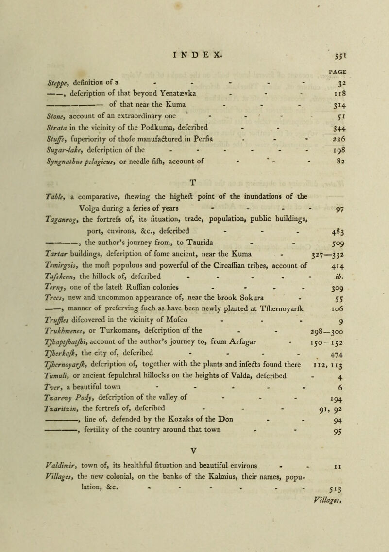 INDEX. 55t PAGE Steppe, definition of a - - - . - 32 ——, defcription of that beyond Yenataevka - - - 118 of that near the Kuma - - - 314 Stone, account of an extraordinary one - - ' 51 Strata in the vicinity of the Podkuma, defcribed - - 344 Stuffs, fuperiority of thofe manufaftured in Perfia - 226 Sugar-lake, defcription of the - - • - - - 198 Syngnathus pelagicus, or needle fifh, account of - - - 82 T Table, a comparative, (hewing the higheft point of the inundations of the Volga during a feries of years - - 97 Taganrog, the fortrefs of, its fituation, trade, population, public buildings, port, environs, &c., defcribed - 483 , the author’s journey from, to Taurida - - 509 Tartar buildings, defcription of fome ancient, near the Kuma - 327—332 Temirgois, the moft populous and powerful of the Circadian tribes, account of 414 Tafskenn, the hillock of, defcribed - ib. Terny, one of the latefl Ruffian colonies - - 309 Trees, new and uncommon appearance of, near the brook Sokura - 55 , manner of preferving fuch as have been newly planted at Tfhernoyarfk 106 Truffles difcovered in the vicinity of Mofco - - - 9 Trukhmenes, or Turkomans, defcription of the - - 298—300 Tßaptßatßi, account of the author’s journey to, from Arfagar - 150—152 Tßerkaß, the city of, defcribed .... 474 Tßernoyarß, defcription of, together with the plants and infefts found there 112, 113 Tumuli, or ancient fepulchral hillocks on the heights of Valda, defcribed Tver, a beautiful town - Tzarevy Pody, defcription of the valley of Tzaritzin, the fortrefs of, defcribed - - - pi , line of, defended by the Kozaks of the Don , fertility of the country around that town V Valdimir, town of, its healthful fituation and beautiful environs Villages, the new colonial, on the banks of the Kalmius, their names, popu- lation, SCC. - - - . . - yig Villages, 4 6 *94 , 92 94 95 11