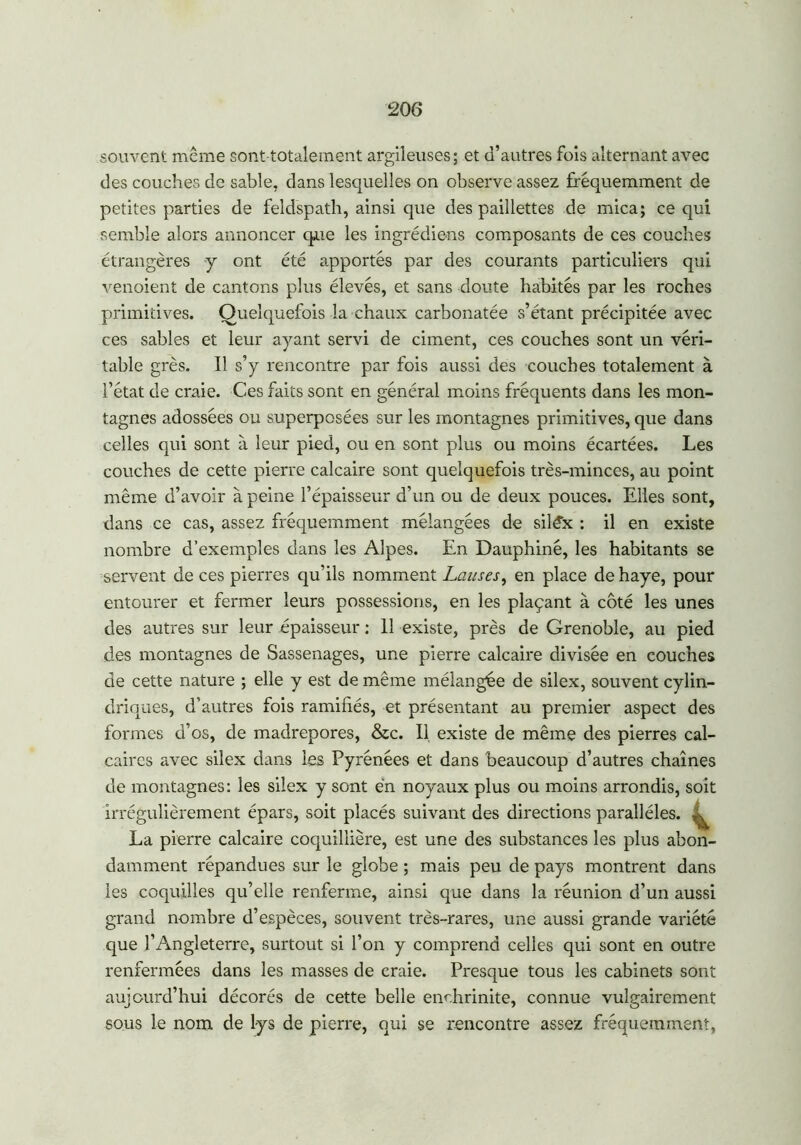 souvent même sont totalement argileuses; et d’autres fois alternant avec des couches de sable, dans lesquelles on observe assez fréquemment de petites parties de feldspath, ainsi que des paillettes de mica; ce qui semble alors annoncer que les ingrédiens composants de ces couches étrangères y ont été apportés par des courants particuliers qui venoient de cantons plus élevés, et sans doute habités par les roches primitives. Quelquefois la chaux carbonatée s’étant précipitée avec ces sables et leur ayant servi de ciment, ces couches sont un véri- table grès. Il s’y rencontre par fois aussi des couches totalement à l’état de craie. Ces faits sont en général moins fréquents dans les mon- tagnes adossées ou superposées sur les montagnes primitives, que dans celles qui sont à leur pied, ou en sont plus ou moins écartées. Les couches de cette pierre calcaire sont quelquefois très-minces, au point même d’avoir à peine l’épaisseur d’un ou de deux pouces. Elles sont, dans ce cas, assez fréquemment mélangées de siléx : il en existe nombre d’exemples dans les Alpes. En Dauphiné, les habitants se servent de ces pierres qu’ils nomment Lauses, en place de haye, pour entourer et fermer leurs possessions, en les plaçant à côté les unes des autres sur leur épaisseur : 11 existe, près de Grenoble, au pied des montagnes de Sassenages, une pierre calcaire divisée en couches de cette nature ; elle y est de même mélangée de silex, souvent cylin- driques, d’autres fois ramifiés, et présentant au premier aspect des formes d’os, de madrépores, &c. II. existe de même des pierres cal- caires avec silex dans les Pyrénées et dans beaucoup d’autres chaînes de montagnes: les silex y sont en noyaux plus ou moins arrondis, soit irrégulièrement épars, soit placés suivant des directions parallèles. ^ La pierre calcaire coquillière, est une des substances les plus abon- damment répandues sur le globe ; mais peu de pays montrent dans les coquilles qu’elle renferme, ainsi que dans la réunion d’un aussi grand nombre d’espèces, souvent très-rares, une aussi grande variété que l’Angleterre, surtout si l’on y comprend celles qui sont en outre renfermées dans les masses de craie. Presque tous les cabinets sont aujourd’hui décorés de cette belle enchrinite, connue vulgairement sous le nom de lys de pierre, qui se rencontre assez fréquemment,