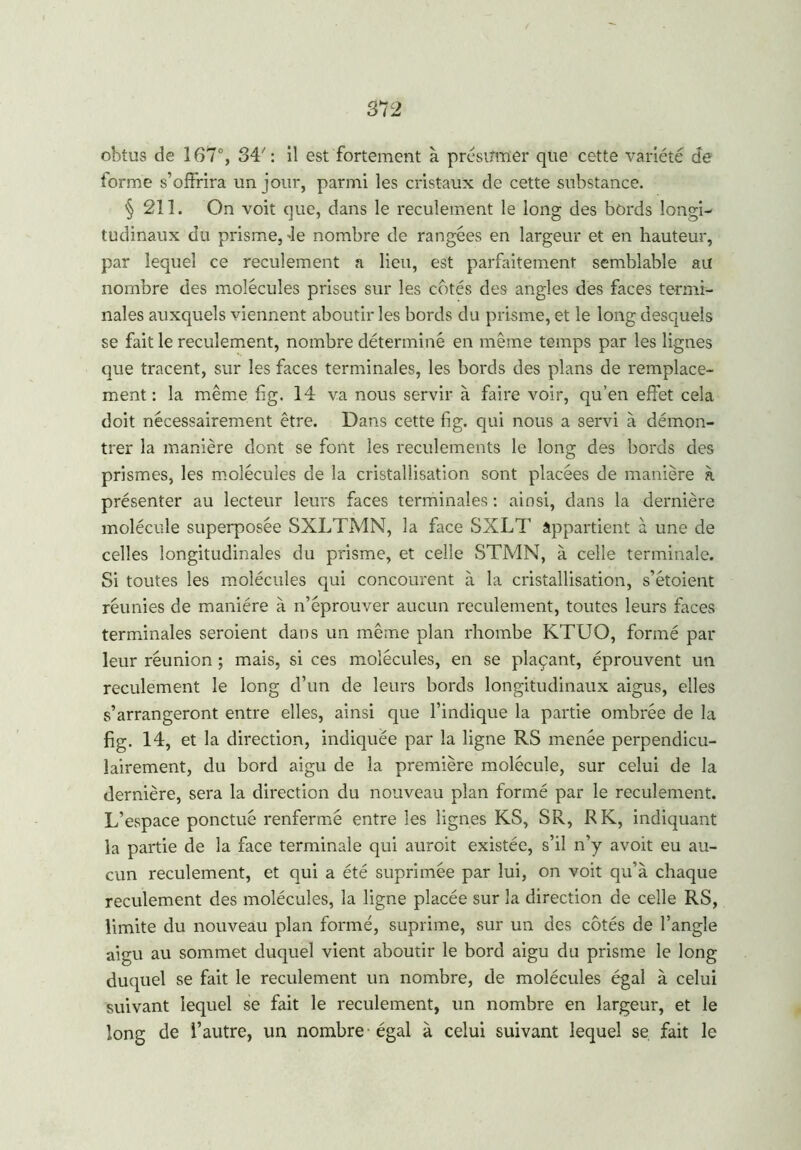 obtus de 167°, 34': il est fortement à présumer que cette variété de forme s’offrira un jour, parmi les cristaux de cette substance. § 211. On voit que, dans le reculement le long des bords longi- tudinaux do prisme, Je nombre de rangées en largeur et en hauteur, par lequel ce reculement a lieu, est parfaitement semblable au nombre des molécules prises sur les cotés des angles des faces termi- nales auxquels viennent aboutir les bords du prisme, et le long desquels se fait le reculement, nombre déterminé en même temps par les lignes que tracent, sur les faces terminales, les bords des plans de remplace- ment : la même fig. 14 va nous servir à faire voir, qu’en effet cela doit nécessairement être. Dans cette fig. qui nous a servi à démon- trer la manière dont se font les reculements le long des bords des prismes, les molécules de la cristallisation sont placées de manière à présenter au lecteur leurs faces terminales : ainsi, dans la dernière molécule superposée SXLTMN, la face SXLT appartient à une de celles longitudinales du prisme, et celle STMN, à celle terminale. Si toutes les molécules qui concourent à la cristallisation, s’étoient réunies de manière à n’éprouver aucun reculement, toutes leurs faces terminales seraient dans un môme plan rhombe KTUO, formé par leur réunion ; mais, si ces molécules, en se plaçant, éprouvent un reculement le long d’un de leurs bords longitudinaux aigus, elles s’arrangeront entre elles, ainsi que l’indique la partie ombrée de la fig. 14, et la direction, indiquée par la ligne RS menée perpendicu- lairement, du bord aigu de la première molécule, sur celui de la dernière, sera la direction du nouveau plan formé par le reculement. L’espace ponctué renfermé entre les lignes KS, SR, RK, indiquant la partie de la face terminale qui aurait existée, s’il n’y avoit eu au- cun reculement, et qui a été suprimée par lui, on voit qu’à chaque reculement des molécules, la ligne placée sur la direction de celle RS, limite du nouveau plan formé, suprime, sur un des côtés de l’angle aigu au sommet duquel vient aboutir le bord aigu du prisme le long duquel se fait le reculement un nombre, de molécules égal à celui suivant lequel se fait le reculement, un nombre en largeur, et le long de l’autre, un nombre égal à celui suivant lequel se fait le