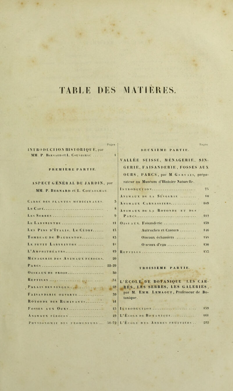 TABUÎ DES MATIERES. P.ltiCS I N T U O I) l C l IO .N III S I O R I y li i;, par MM I' IIk rt V Al'.l) l‘l I., (à)U A I Ml \C I PUE M I t5 n E P A U T 1 E. A Sl> ECT (i ÉNÉU Al. OU JARDIN, par MM. P. Il EU N n I» cl !.. Co U ,\ I I. ii a c C A n II f. T) l-; .s P I, A N T F. s Al V n I c I N A I . F s. 5 L F. c A F F 8 I. K .s s K II n F. .A !) I. K I. A n Y n I N T II F. Il I. F, s P IN.s D'IrAi. IF. Le Ci; par là T O AI B F A U DF. I) A U B F. N T O N LÀ I. F. P f; r I T L A n ï II I N r II F. 18 L’ A M P II I T II F A r U F 19 M F N A i; F. B I F D F .1 .A N 1 AI A U \ F I. B 11 C F .1. ‘20 P A n c s -22-29 O I s K A U V D F P B O 1 F SO R E P T I I. F s Ô ’( Palais d f. .s .s i n g f s ....- 37 F A I s A N D F B I E O U V F B T F 59 Rotonde des R d ai i n a n t a !. H F O.s .SE .s AUX Ou ns 'i.> •A X I AI A U \ Fi. B O c F s A9 I' II Y s 1 II N n Al I F D F s P B (1 Al 1 N F U B S ... .ïl -72 l'a^cs I) E L' X I fc M E P A U T I E. A A L L É E S C I S S E , M É N V G E R I lÀ . SIN- r, ER I E, F A ISANDER I E , FOSSES A U .\ OCRS, P .A R C S , par M G f b v a i .s, prcpa- ralciir au Muséum irilisluiro Naliiri lie. I N T B O D U C T I O V 75 .Animaux d k i. a S i n r. f b i i Kl) .A N I AI A U X C A B N A .s s I F B s 1 09 .A N I AI A U X DK FA R O T' O N D F F P DIS P A B.; S 112 Oiseaux. Faisaiidrrie 159 Aulriidics cl Casoars HO Oiseaux échassiers US O seaux d’eau 150 R F. P 1 I F F s 155 rllOISIÈME PAllTIE. L’ÉCOl.Fx DE ROTAMOCE LES CAR- ^RÈS, LES SERRES, LES GALERIES, par M. Eaixi. Lemaout, Professeur de Ro- laniqiie. I N T B O D U c I 1 O N 159 L ’ É e. O I. F DF R O T A N I g U I 101 I. ’ E c O I. F D F S .A B B B F S F B U I T 1 F B s . .