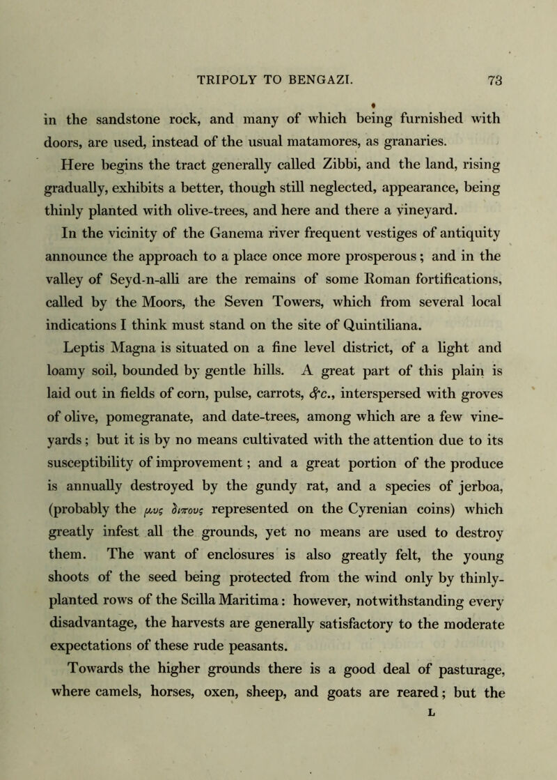 in the sandstone rock, and many of which being furnished with doors, are used, instead of the usual matamores, as granaries. Here begins the tract generally called Zibbi, and the land, rising gradually, exhibits a better, though still neglected, appearance, being thinly planted with olive-trees, and here and there a vineyard. In the vicinity of the Ganema river frequent vestiges of antiquity announce the approach to a place once more prosperous; and in the valley of Seyd-n-alli are the remains of some Roman fortifications, called by the Moors, the Seven Towers, which from several local indications I think must stand on the site of Quintiliana. Leptis Magna is situated on a fine level district, of a light and loamy soil, bounded by gentle hills. A great part of this plain is laid out in fields of corn, pulse, carrots, 4*c., interspersed with groves of olive, pomegranate, and date-trees, among which are a few vine- yards ; but it is by no means cultivated with the attention due to its susceptibility of improvement; and a great portion of the produce is annually destroyed by the gundy rat, and a species of jerboa, (probably the pug dmovg represented on the Cyrenian coins) which greatly infest all the grounds, yet no means are used to destroy them. The want of enclosures is also greatly felt, the young shoots of the seed being protected from the wind only by thinly- planted rows of the Scilla Maritima: however, notwithstanding every disadvantage, the harvests are generally satisfactory to the moderate expectations of these rude peasants. Towards the higher grounds there is a good deal of pasturage, where camels, horses, oxen, sheep, and goats are reared; but the L