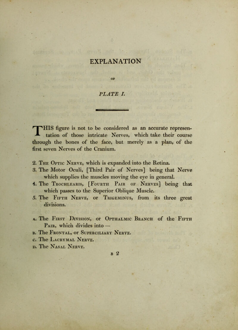 OF PLATE I. THIS figure is not to be considered as an accurate represen- tation of those intricate Nerves, which take their course through the bones of the face, but merely as a plan, of the first seven Nerves of the Cranium. 2. The Optic Nerve, which is expanded into the Retina. 3. The Motor Oculi, [Third Pair of Nerves] being that Nerve which supplies the muscles moving the eye in general. 4. The Trochlearis, [Fourth Pair of Nerves] being that which passes to the Superior Oblique Muscle. 5. The Fifth Nerve, or Trigeminus, from its three great divisions. a. The First Division, or Opthalmic Branch of the Fifth Pair, which divides into — b. The Frontal, or Superciliary Nerve. c. The Lacrymal Nerve. d. The Nasal Nerve.
