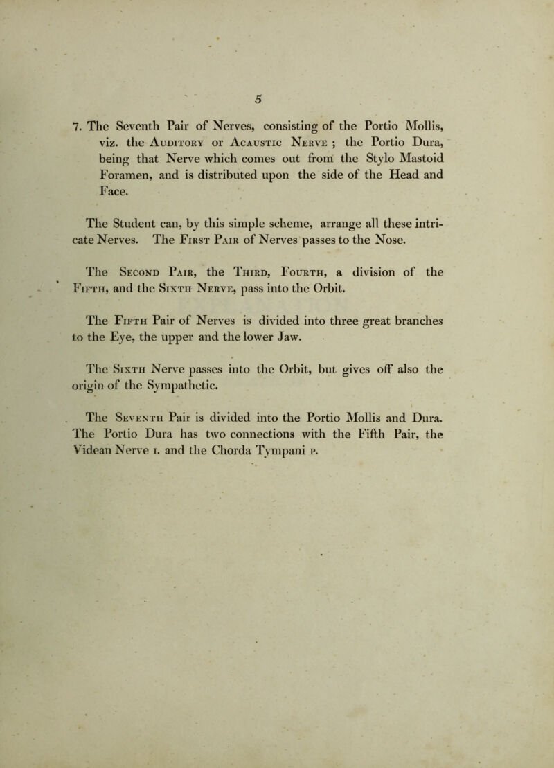 7. The Seventh Pair of Nerves, consisting of the Portio Mollis, viz. the Auditory or Acaustic Nerve ; the Portio Dura, being that Nerve which comes out from the Stylo Mastoid Foramen, and is distributed upon the side of the Head and Face. The Student can, by this simple scheme, arrange all these intri- cate Nerves. The First Pair of Nerves passes to the Nose. The Second Pair, the Third, Fourth, a division of the Fifth, and the Sixth Nerve, pass into the Orbit. The Fifth Pair of Nerves is divided into three great branches to the Eye, the upper and the lower Jaw. The Sixth Nerve passes into the Orbit, but gives off also the origin of the Sympathetic. * The Seventh Pair is divided into the Portio Mollis and Dura. The Porlio Dura has two connections with the Fifth Pair, the Videan Nerve i. and the Chorda Tympani p.