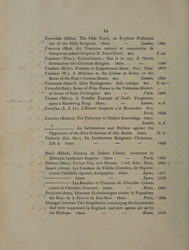 14 . Coverdale (Miles, The Olde Fayth, an Evydent Probation ^ gut of the Holy Scripture. 18mo. e London, 1541 Cracovia (Matt. de) Tractatus rationis et conscientie de x Sumpcione pabuli Corporis N. Jesu Christi. Ato. S. an. . Cranmer (Thos), Cathechismus; that is to say, A Shorte /. 77 Instruction into Christian Religion. - 19mo. — 1548 Crashaw (Rich.) Poemata et Epigrammata Sacra. 8vo. Cant. 1670-^ Crashaw (W), A Mittimus to the Jubilee at Rome, or the is ^ Rates of the Popes Custom-House. Ato. London, 1625 ^.J-Crisostom (Sancti), Liber Dyalogorum. Edit. antiqua. 4to. ^ $.an.'/ ] . Cristofol (Sant), Series of Prize Poems in the Valencian Dialect, -'*^* 3n honor of Saint Christopher. Ato. — Valen. 1498 Cromer (Mart) A Notable Example of God's Vengeance, upon a Murdering King. 18mo. — London, n. d. 7 ,jCrosilles (L. S. D.) L'Heresie Suspecte ala Monarchie. 8vo. Paris, 1624 ^ Crowley (Robert), The Pathwaye.to Perfect Knowledge. 12mo. : London, m. d. An Information and Petition against the Oppressors of the Pore Commons of this Realm. .18mo. N. d. .. Curionis (Ce. Sec), De Institutione Religionis Christianz. ^ T. Lib.9.. 12mo. — -— — 1549 Danii (Eldad) Historia de Judzis Clausis, eorumque in JEthiopia beatissimo Imperio. 12mo. -— Paris, 1563 «^, Delbeni (Bart), Civitas Veri, sive Morum. 1 vol. folio. Paris, 1609 e Desiré (Artus), Les Combatz du Fidelle Chrestien, dit Papiste; ^ ^ contre l'Infidelle Apostat, Antipapiste. 18mo. Lyons, 1551 nu ——— e g8mo — À Lyons, 1552 ; —— Les DBatailles et Victoires de Chevalier Celeste . contre le Chevalier Terrestre. 18mo. . —- Paris, 1560 , Deslyons Jean) Discours Ecclesiastiques contre le Paganisme  ^ des Roys de la Feve et du Roy-Boit. 18mo. Paris, 1664 Dialogue betwene Two Neighbours concernyng the Ceremonies .; k that were suppressed in England, and now againe set up by the Disshops. 18mo. — — ltoane, 16553