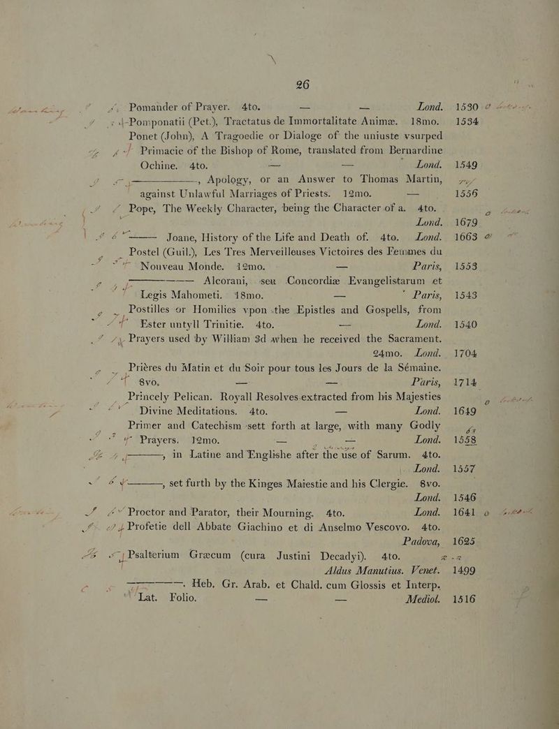 Kv. 26 i ;^4 . Pomander of Prayer. | 4to. PE xd Lond. 15309 4... 4s |-Pomponatii (Pet), Tractatus de Immortalitate Animz. | 18mo. — 1534 Ponet (John), A Tragoedie or Dialoge of the uniuste vsurped (4 Primacie of the Bishop of Rome, translated from Bernardine 74 » ? Ochine. 4to. — — . Lond. 1549 £o €474———————, Apology, or an Auswer to Thomas Marti, 72? against Unlawful Marriages of Priests. 19mo. -— 1556 as ^ Pope, The Weekly Character, being the Character .of a. 4to. PED | Lond. 1679 | E ur e Joane, History of the Life and Death of. 4to. .Lond. 16638 9 -* FA Postel (Guil), Les Tres Merveilleuses Victoires des Fetnanes du - f Nouveau Monde. i2mo. — Paris! 41558 204 47————-— Alcorani seu .Concordie Evangelistarum et Legis Mahometi. 18mo. — | oP aris, 01943 us , Postilles or Homilies vpon .the Epistles and Gospells, from 4 T. Ester untyll Trinitie. 4to. -—- Lond. | 1540 , ^ 7 Prayers used by William 3d &amp;hen he received the Sacrament. 924mo. .Lond. 1704 Priéres du Matin et du Soir pour tous les Jours de la Sémaine. 4 -8vo. -— A Paris, 1714 , Princely Pelican. Royall Resolves.extracted from his Majesties » * ipu - *' Divine Meditations. 4to. — Lond. 16419 Primer and Catechism sett forth at large, with many Godly P 4 Prayers. 19mo. -— DNE Lond. 1558 E o q4————., in Latine and Englishe after the use of Sarum, 4to. 4 Lond. 1557 wo /— ———, set furth by the Kinges Maiestie and his Clergie. 8vo. | Lond. 1546 -/ 4 Proctor and Parator, their Mourning. 4to. Lond. 1641 o 2 4^. 57, Profetie dell Abbate Giachino et di .Anselmo Vescovo. 4to. Padova, 1625 * p — Psalterium Grecum (cura Justini Decadyi). 4to. ZA | Aldus Manutius. Venet. 1499 eod ESO 07 Heb. Gr. Arab. et Chald. cum Glossis et Interp. Lat Folio. — -— Mediol. 1516 HE- dia