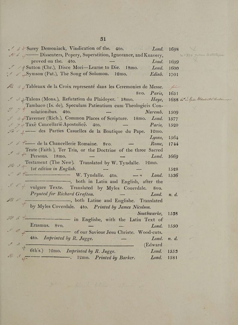 31 -^4 4 4^Surey Demoniack, Vindication of the. 4to. ! od Fonds E Qo0——— Dissenters, Popery, Superstition, Ignorance, and Knavery, proved on the. Ato. — Lond. -^ ^4 Sutton (Chr), Disce Mori—Learne to Die. 18mo. Lond. |^ g^ ,,8ymson (Pat), The Song of Solomon. 12mo. KEdinb. ZA -j ;'Tableaux de la Croix representé dans les Ceremonies de Messe. 8vo. Paris, .. . ,Llambaco (Is. de) Speculum Patientium eum Theologicis Con- -^ 7 7 solationibus. 4to. — Nuremb. ./ 4 4 Taverner (Rich.), Common Places of Scripture. 18mo. Lond. 4 vasTaxe Cancellarié Apostolice. 4to. — Paris, E v .[—— des Parties Casuelles de la Boutique du Pape. 12mo. ] Lyons, .4^ 4 --— dela Chancellerie Romaine. 8vo. R-y. Home, .. Teate (Faith.) Ter Tria, or the Doctrine of the three Sacred ite Persons. 1l8mo. — -— Lond. 1 Testament (The New). Translated by W. Tyndalle. 12mo. ; um 1st edition in English. -— e wq Ww. Tyndalle. 4to. —^ Lond. ————— —————— ; both in Latin and English, after the 8 a vulgare Texte. Translated by Myles Couerdale. — 8vo. Prynted for Richard Grafton. — à; Lond. LE 3T I ————, both Latine and Englishe. Translated E by Myles Coverdale. 4to. Printed by James Nicolson. Southwarke, Erasmus. 8vo. -— —. | Lond. zd EM. — of our Saviour Jesu Christe. Wood-cuts. | 4to. Zmprinted by R. Juge. : Lond. ANE (Edward ' G6th's) 19mo. ZImprinted by R. Jugpe. Lond. eA us . lemo. Printed by Barker. Lond.