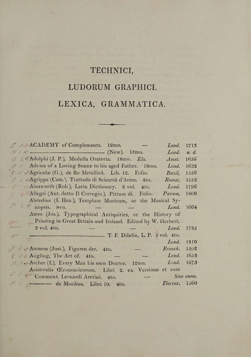 TECHNICI, LUDORUM GRAPHICI. LEXICA, GRAMMATICA. 4f J./-ACADEMY of Complements. 12mo. — Lond. 1713 «A f afe IL————————————— —- (New) 18mo. Lond. m. d. Z 2 Adolphi (J. P), Medulla Oratoria. 18mo. Eís. Amst. | 1656 d Advice of a Loving Sonne to his aged Father. 18mo. Lond. 1632 9 c! Agricole (G.), de Re Metallicàá. Lib. 19. Folio. Bazil, 1556 UM s Agrippa (Cam.', Trattado di Scientià d'Arme. Ato. Rome, 1558 ^ s^ Aiusworth (Rob), Latin Dictionary. 2 vol. 4to. Lond. 1796 « ^ Allegri (Ant. detto Il Corregio.) Pitture di. Folio. ^ Parma, 1800 Alstedius (I. Hen.) Templum Musicum, or the Musical Sy- pp nopsis. $8vo. — A. Lond. 1664 Ames (Jos.) Typographical Antiquities, or the History of m ., Printing in Great Britain and Ireland. Edited by W. Herbert, e gs 3 vol. 4to. - qud J Lond. 1783 7 T. F. Dibdin, L. P. 5 vol. 4to. Lond. 1810 (^ 4 J^ Ammon (Jost) Figuren der. Ato. —. Franck. 1592 $ z.Angling, The Art of. 4to. — — Lond. | 1653 o0 Archer (L)) Every Man his own Doctor. 129mo. Lond. 10673 . . Aristotelis OZconomicorum. Libri 2. ex Versione et cum ^ *' 9^ Comment. Leonardi Aretini. Ato. c: Sine anno. C EN 1560 — de Moribus. Libri 10; 4to. — Florent.