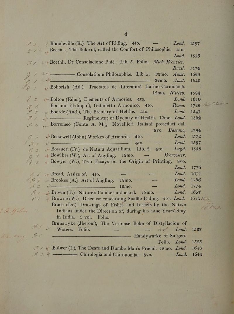 J£. — X Blundeville (R.) The Art of Riding. Ato. Lond. £2 ;co,DBoecius, The Boke of, called the Comfort of Philosophie. Ato. Lond. Sos Boethii, De Consolacione Phie. Lib. 5. Folio. Mich. /l'ensler. DBazil, C 4 00 ——-— —-— Consolatione Philosophie. Lib.5. 39mo. Zmst. d D s 59mo. mist. fp ;, J 4, Bohorizh (Ad. Tractatus de Literaturà ^Latino-Carniolaná. 12mo. JZiteb. 4 £ ^ Bolton(Edm.) Elements of Armories. Ato. Lond. A4 Bonanni (Filippo), Gabinetto Armonico. Ato. Roma. .* . .,-Boorde (And.) The Breuiary of Helthe. 4to. Lond. J^ -——— ————- Regimente; or Dyetary of Health. 19mo. Zond. IC PA Borromeo (Conte A. M.) Novellieri Italiani posseduti dal. 8vo. Bassano, 7 4 Bossewell (John) Workes of Armorie. Ato. Lond. . (Uto ANN MEER UL SEE dA o or -—— Lond. &amp; z DBossueti (Fr), de Naturá Aquatilium. Lib. 2. Ato. Lugd. 2 .$ 4 Bowlker (W), Art of Angling. 129mo. — JVorcester. /2 3 4 Bowyer (W., Two Essays on the Origin of Printing. &amp;8vo. Lond. 7 4 44-Bread, Assize of. Ato. — — Lond. I s . ^ Brookes (A), Art of Angling. 12mo. -—— Lond. 9 zu 19mo. -— Lond. —- / 4. Brown (T), Nature's Cabinet unlocked. 18mo. Lond. £70 4e Browne (WJ Discouse concerning Snaffle liding. 4to. Load. Bruce (Dr), Drawings of Fishés and Iusects by the Native 0 oru; Indians under the Direction of, during his nine Years Stay in India. 3 vol. Folio. Eo Brunswyke (Jherom), The Vertuose Boke of Distyllacion of ^ Waters. Folio. Lond. Jt s ——————————————————— Haudywarke of Surgeri. Folio. Lond. ^ Bulwer (I.), The Deafe and Dumbe Man's Friend. 18mo. Aozd. 29 x ——— Chirologia and Chironomia. 8vo. Lond. — — ZN/ 1597 1556 1474 1695 1640 1584 1610 1547 1562 1794 1572 1597 1558 1776 1671 1766 1774 1657 1597 1525 1648 1644 cd-- )