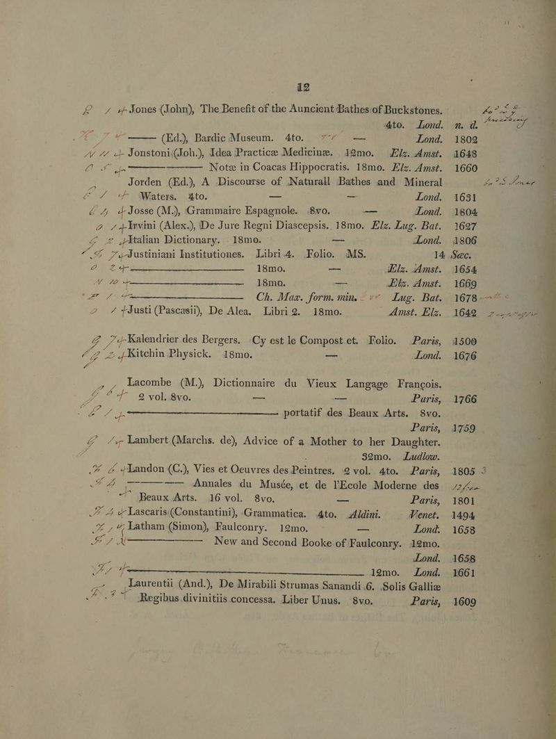 4to. Lond. m. d. 1 d (Ed), Bardic Museum. 4to. ^^ — Lond. 1802 A ^ «- Jonstoni(Joh.), Idea Practice Medicine. i29mo. JEjs. 4mst. 41648 EUM NE Notz in Coacas Hippocratis. 18mo. Zíz. 4mst. 1660 3 . Jorden (Ed. A Discourse of :Naturall Bathes and Mineral € / «Water. Xto. — — (^! Lond. 1631 é Z E dish (M.), Grammaire Espagnole. .8vo. -—— Lond. 1804 4-Irvini (Alex.), «De Jure Regni Diascepsis. 18mo. £z. Lug. Bat. 1697 y. z NA. Dictionary. . 18mo. — -Lond. 1806 t pue ustiniani Institutiones. Libri 4. Folio. :MS. 14 Sec. Pr er dice — dre T RBRCU — AEls. Amst. 1654 AMOR dA 18mo. — Els. Amst. | 1669 um s Ch. Maz. form. min. - v^ Lug. Bat. 1678- 2 7 fJusti(Pascasi), De Alea. Libri2. 18mo. 4Amst. Els. 1649 Z perum. des Bergers. Cy est le Compost et. Folio. Paris, 1500 / dad 4 4 Kitchin Physick. 18mo. — Lond. 1676 ur , , Lacombe (MJ) Dictionnaire du Vieux Lamguge Francois. y did 4- 9 vol. 8vo. e -— Paris, 1766 C^ d portatif nk Beaux Arts. 8vo. Paris, 1759 &amp; ^, Lambert (Marchs. de), Advice of a Mother to her Daughter. d 39mo. Ludiow. d fu :Landon (C.), Vies et Oeuvres des Fred et 9 vol. 4to. Paris, .$ du —-— Annales du Musée, et de l'Ecole Moderne des — * Beaux Arts. 16 vol 8vo. — Paris, 2 4 d E M Grammatica. Ato. z4idini. Venet. X , ^; Latham (Simon), Faulconry. 12mo. a Lond. A 4 Í -—— New and Second Booke of Faulconry. 12mo. ^ Lond. 2 E ——————— — . A9mo. — Lasd. m Laurentii (And.), De Mirabili Strumas Sanandi.6. .Solis Gallice -^ .* Regibus divinitiis concessa. Liber Unus. 8vo. Paris, 1801 1494 1658 1661 1609 2 € Q9. e nes DN