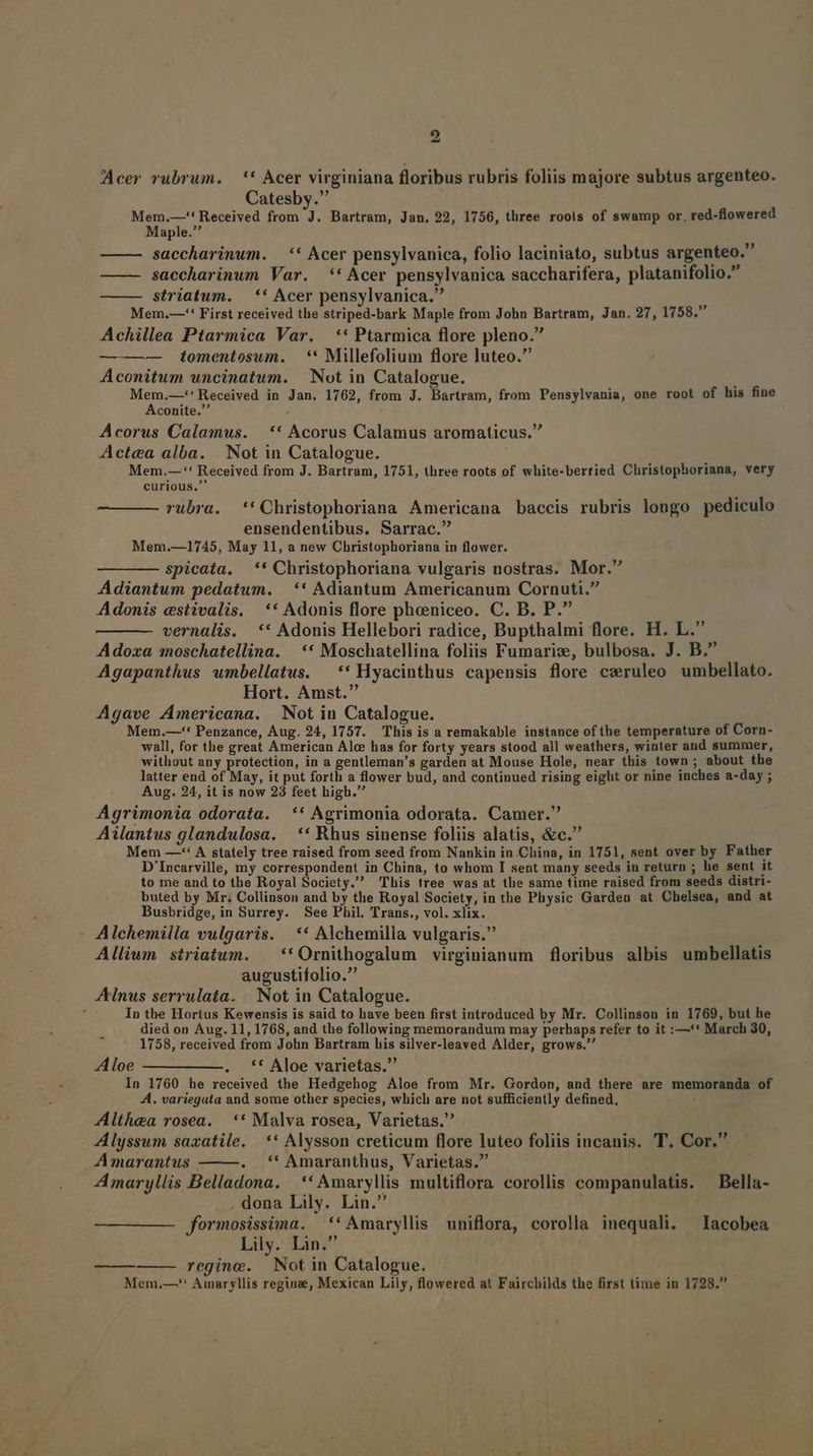 Acer rubrum. — ** Acer virginiana floribus rubris foliis majore subtus argenteo. Catesby. un add from J. Bartram, Jan. 22, 1756, three roois of swamp or. red-flowered aple. saccharinum. — ** Acer pensylvanica, folio laciniato, subtus argenteo. saccharinum Var. ** Acer pensylvanica saccharifera, platanifolio. striatum. — ** Acer pensylvanica. Mem.—-* First received the striped-bark Maple from John Bartram, Jan. 27, 1758. Achillea Ptarmica Var. ** Ptarmica flore pleno. ——-— tomentosum. *' Millefolium flore luteo. Aconitum uncinatum. | Not in Catalogue. à Mem.—-''Received in Jan. 1762, from J. Bartram, from Pensylvania, one root of his fine Aconite. : Acorus Calamus. | ** Acorus Calamus aromaticus. Actea alba. Not in Catalogue. Mem.—*' Received from J. Bartram, 1751, three roots of white-berried Christophoriana, very curious. rubra. *'Christophoriana Americana baccis rubris longo pediculo ensendentibus. Sarrac. Mem.—1745, May 11, a new Christophoriana in flower. spicata, ** Christophoriana vulgaris nostras. Mor. Adiantum pedatum. ** Adiantum Americanum Cornuti. Adonis estivalis. ** Adonis flore pheniceo. C. B. P. vernalis. ** Adonis Hellebori radice, Bupthalmi flore. H. L. Adoza smoschatellina. ** Moschatellina foliis Fumarix, bulbosa. J. B. Agapanthus wmbellatus. ** Hyacinthus capensis flore czruleo umbellato. Hort. Amst. Agave Americana. | Not in Catalogue. Mem.—-* Penzance, Aug. 24, 1757. This is a remakable instance of the temperature of Corn- wall, for the great American Alc has for forty years stood all weathers, winter and summer, without any protection, in a gentleman's garden at Mouse Hole, near this town ; about the latter end of May, it put forth a flower bud, and continued rising eight or nine inches a-day ; Aug. 24, it is now 23 feet high. Agrimonia odorata. ** Agrimonia odorata. Camer. Ailantus glandulosa. — ** Rhus sinense foliis alatis, &amp;c. Mem —-* A stately tree raised from seed from Nankin in.China, in 1751, sent over by Father D'Incarville, my correspondent in China, to whom I sent many seeds in return ; he sent it to me and to the Royal Society. This tree was at the same time raised from seeds distri- buted by Mr; Collinson and by the Royal Society, in the Physic Gardeu at Chelsea, and at Busbridge, in Surrey. See Phil. Trans., vol. xlix. : Alchemilla vulgaris. ** Alchemilla vulgaris. Allium striatum. — **Ornithogalum virginianum floribus albis umbellatis augustifolio. Anus serrulata. Not in Catalogue. In the Hortus Kewensis is said to have been first introduced by Mr. Collinson in 1769, but he died on Aug. 11, 1768, and the following memorandum may perhaps refer to it :—** March 30, 1758, received from John Bartram his silver-leaved Alder, grows. Aloe —— ———. ** Aloe varietas. In 1760 he received the Hedgehog Aloe from Mr. Gordon, and there are memoranda of 4. variegata and some other species, which are not sufficiently defined, ' Althea rosea. ** Malva rosea, Varietas. Alyssum saxatile. | ** Alysson creticum flore luteo foliis incanis. T. Cor. Amarantus . ** Amaranthus, Varietas. Amaryllis Belladona. ** Amaryllis multiflora corollis companulatis. Bella- . dona Lily. Lin. formosissima. **Amaryllis uniflora, corolla inequali. —Iacobea Lily. Lin. regine. | Not in Catalogue. Mem,—*' Awmaryllis regine, Mexican Lily, flowered at Fairchilds the first time in 1728. ———
