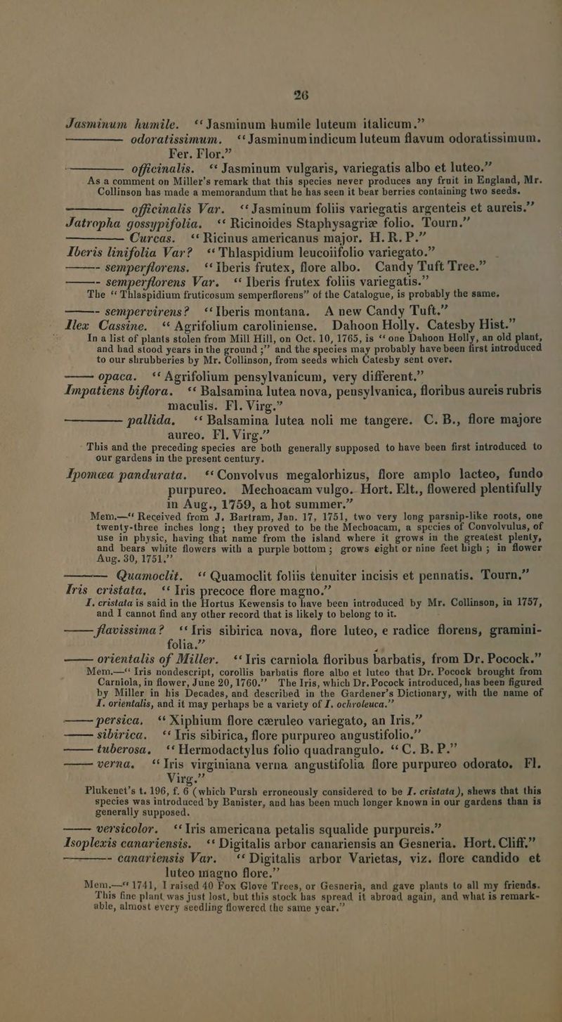Jasminum hwmile. ** Jasminum humile luteum italicum. 3 odoratissimum. | ** Jasminumindicum luteum flavum odoratissimum. Fer. Flor. officinalis. ** Jasminum vulgaris, variegatis albo et luteo. As a comment on Miller's remark that this species never produces any fruit in England, Mr. Collinson has made a memorandum that he has seen it bear berries containing two seeds. officinalis Var. ** Jasminum foliis variegatis argenteis et aureis. Jatropha gossypifolia. ** Ricinoides Staphysagriz folio. Tourn. Curcas. ** Ricinus americanus major, H. R. P. Iberis linifolia Var? | **'Thlaspidium leucoiifolio variegato. - semperflorens. *'iberis frutex, flore albo. Candy Tuft Tree. - semperflorens Var. ** Iberis frutex foliis variegatis. The ** Thlaspidium fruticosum semperflorens of the Catalogue, is probably the same, - sempervirens? **Iberis montana. A new Candy Tuft. xc de llex Cassine. ** Agrifolium caroliniense. Dahoon Holly. Catesby Hist. In a list of plants stolen from Mill Hill, on Oct. 10, 1765, is ** one Dahoon un an old plant, and had stood years in the ground ; and the species may probably have been first intro uced to our slirubberies by Mr. Collinson, from seeds which Catesby sent over. opaca. *' Agrifolium pensylvanicum, very different. À Inpatiens biflora. —** Balsamina lutea nova, pensylvanica, floribus aureis rubris maculis. Fl. Virg. ; pallida. — ** Balsamina lutea noli me tangere. C. B., flore majore aureo, Fl. Virg. This and the preceding species are both generally supposed to have been first introduced to our gardens in the present century. Jpomea pandurata. —** Convolvus megalorhizus, flore amplo lacteo, fundo purpureo. Mechoacam vulgo. Hort. Elt., flowered plentifully in Aug., 1759, a hot summer. Mem.—-*' Received from J. Bartram, Jan. 17, 1751, two very long parsnip-like roots, one twepnty-three inches long; they proved to be the Mechoacam, a species of Convolvulus, of use in physic, having that name from the island where it grows in the greatest plenty, and bears white flowers with a purple bottom ; grows eight or nine feet high ; in flower Aug. 30, 1751. Quamoclit. ** Quamoclit foliis tenuiter incisis et pennatis. Tourn, Iris cristata, —** Iris precoce flore magno. I. cristata is said in the Hortus Kewensis to have been introduced by Mr. Collinson, in 1757, and I cannot find any other record that is likely to belong to it. fflavissima? **Iris sibirica nova, flore luteo, e radice florens, gramini- folia. ; orientalis of Miller. **Iris carniola floribus barbatis, from Dr. Pocock. Mem.—-*' Iris nondescript, corollis barbatis flore albo et luteo that Dr. Pocock brought from Carniola, in flower, June 20, 1760. — The Iris, which Dr. Pocock introduced, has been figured by Miller in his Decades, and described in the Gardener's Dictionary, with the name of I. orientalis, and it may perhaps be a variety of I. ochroleuca. persica, ** Xiphium flore czruleo variegato, an Iris, sibirica. ** Iris sibirica, flore purpureo angustifolio. tuberosa, ** Hermodactylus folio quadrangulo. ** C. B. P. verna, Iris virginiana verna angustifolia flore purpureo odorato, Fl. Virg. Plukenet's t. 196, f. 6 (which Pursh erroneously considered to be f. cristata ), shews that this species was introduced by Banister, and has been much longer known in our gardens than is generally supposed. versicolor. **lris americana petalis squalide purpureis. Isoplexis canariensis. | ** Digitalis arbor canariensis an Gesneria. Hort. Cliff. - canariensis Var. —*'Digitalis arbor Varietas, viz. flore candido et luteo magno flore. Mem.—-** 1741, I raised 40 Fox Glove Trees, or Gesneria, and gave plants to all my friends. This fine plant was just lost, but this stock bas spread it abroad again, and what is remark- able, almost every seedling flowered the same year.