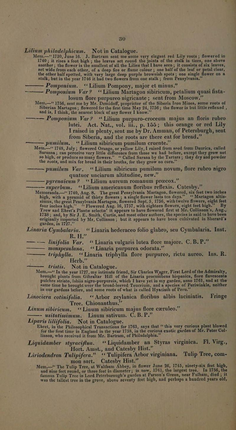 Lilium philadelphicum. Not in Catalogue. Mem.—'*1730, June 16. J. Bartram sent me some very elegant red Lily roots ; flowered in 1740; it rises a foot high ; the leaves set round the joints of the stalk in tiers, one above another ; the flower is the smallest of all the Lilies that I bave seen ; it consists of six leaves, set wide from each other, of a deep fire or flame colour ; one half of the leaf or petal clear, the other half spotted, with very large deep purple brownish spots ; one single flower on & stalk; but in the year 1746 it had two flowers from one stalk ; from Pensylvania. Pomponium. ** Lilium Pompony, major et minus. —— — Pomponium Var? ** Lilium Martagon sibiricum, petalium quasi fista- losum flore purpureo nigricante ; sent from Moscow. Mem,—* 1756, sent me by Mr. Demidoff, proprietor of the Siberia Iron Mines, some roots of Siberian Martagon ; flowered for the first time May 24, 1756 ; the flower is but little reflexed , and is, I think, the nearest black of any flower I know. —— Pomponium Var? **Lilium purpuro-croceum majus an floris rubro lutei. Act. Nat, vol. iii, p. 155; this orange or red Lily I raised in plenty, sent me by Dr. Amman, of Petersburgh, sent. from Siberia, and the roots are there eat for bread. pumilum. — ** Lilium sibiricum pumilum cruente. Mem.—-: 1748, July ; flowered Orange, or yellow Lily, I raised from seed from Daurica, called Saranna ; can perceive very little difference from those we had before, except they grow not so high, or produce so many flowers. ** Called Sarana by the Tartars ; they dry and powder the roots, and mix for bread in their broths, for they grow no corn. - pwnilum Var. * Lilium sibiricum pumilum novum, flore rubro nigro quatuor unciarum altitudine, new. pyrenaicum ? ** Lilium aureum romanum procox. superbum. **Lilium americanum floribus reflexis. Catesby. Memoranda.—'*1740, Aug. 8. The great Pensylvania Martagon, flowered, six feet (wo inches ' high, with a pyramid of thirty flowers ; a single flowerlasts ten days. — ** Martagon altis- simus, the great Pensylvania Martagon, flowered Sept. 5, 1756, with twelve flowers, eight feet. . four inches high. — ** Flowered Aug. 16, 1757, ith eighteen flowers, eight feet high. — By Trew and Ehret's Plante selecte' it appears to have flowered first at Mr. Collinson's, Aug., 1738; and, by Sir J. E. Smith, Curtis, and most other authors, the species is said to have been originally imported by Mr. Collinson ; butit appears to have been cultivated in Sherard's garden, in 1727. Linaria Cymbalaria. ** Linaria hederaceo folio glabro, seu Cymbalaria. Inst. R. H. — -— linifolia Var. ** Linaria vulgaris lutea flore majore. C, B. P. ————— monspesulana. — ** Linaria purpurea odorata. —— — driphylla. **Linaria triphylla flore purpureo, rictu aureo. Ins. R. Herb. — —— tristis. Not in Catalogue. Mem.—-* In the year 1727, my intimate friend, Sir Charles Wager, First Lord of the Admiralty, brought plants from Gibraltar Hill of the Linaria procumbens hispanica, flore flavescente pulchre striato, labiis nigro-purpureis, which I have yet in my garden, anno 1761, and at the: same time he brought over the broad-leaved Teucrium, anda species of Periwinkle, neither in our gardens before, and some roots of what is called H yacinth of Peru. Linociera cotinifolia. ^ ** Arbor zeylanica floribus albis laciniatis, — Fringe 'Tree. Chionanthus. Linum sibiricum. | ** Linum sibiricum majus flore cruleo. —- usitatissimum. Linum sativum. C. B. P. Liparis liliifolia. Not in Catalogue. : Ehret, in the Philosophical Transactions for 1763, says that ** this very curious plant blowed for the first time in England in the year 1758, in the curious exotic garden of Mr. Peter Col- linson, who received it from Mr. Bartram, of Philadelphia. Liquidamber styraciflua. —**Liquidamber an Styras virginica. Fl, Virg., Hort. Amst., and Catesby Hist. , Liriodendron Tulipifera. **'Tulipifera Arbor virginiana, Tulip Tree, com- mon sort. Catesby Hist. Mem,—'' The Tulip Tree, at Waltham Abbey, in flower June 26, 1745, ninety-six feet high, and nine feet round, or three feet in diameter; is now, 1761, the largest tree. In 1756, the famous Tulip Tree in Lord Peterborough's garden at Parson's Green, near Fulham, died ; it was the tallest tree in the grove, above seventy feet high, and perhaps a hundred years old,
