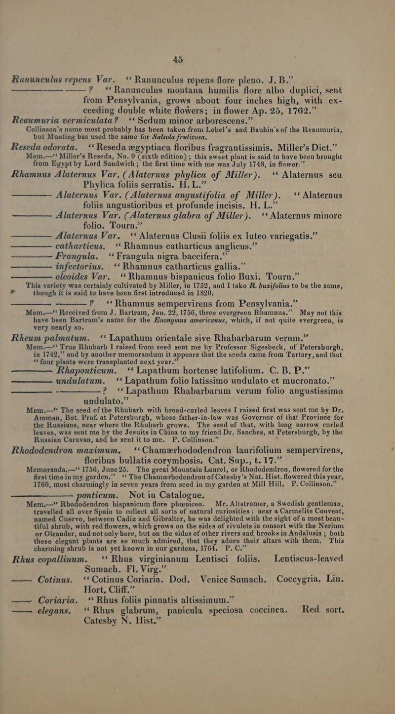 ENT Ranunculus repens Var. ** Ranunculus repens flore pleno. J. B. ————— ? *'Ranuneulus montana humilis flore albo duplici, sent from Pensylvania, grows about four inches high, with ex- ceeding double white flowers; in flower Ap. 25, 1762. Reaumuria vermiculata? | ** Sedum minor arborescens. Collinson's name most pebahis has been taken from Lobel's and Bauhin's of the Reaumuria, but Munting bas used the same for SSalsola fruticosa. Reseda odorata. | ** Reseda vegyptiaca floribus fragrantissimis, Miller's Dict. Mem.—-* Miller's Reseda, No. 9 (sixth edition) ; this sweet plant is said to have been brought from Egypt by Lord Sandwich ; the first time with me was July 1748, in flower. Rhamnus Alaternus Var. ( Alateruus phylica of. Miller). ** Alaternus seu Phylica foliis serratis. H. L. Alaternus Var. ( Alaternus angustifolia of Miller). |. ** Alaternus foliis angustioribus et profunde incisis. H. L. Alaternus Var. ( Alaternus glabra of Miller). ** Alaternus minore folio. Tourn. Alaternus Var. — ** Alaternus Clusii foliis ex luteo variegatis. catharticus, ** Rhamnus catharticus anglicus. Frangula. **Frangula nigra baccifera. infectorius. ** Rhamnus catharticus gallia. oleoides Var. ** Rhamnus hispauicus folio Buxi. Tourn. This variety was certainly cultivated by Miller, in 1752, and I take R. buxifolius to be the same, d though it is said to have been first introduced in 1820. ? -**Rhamnus sempervirens from Pensylvania. Mem.—-*' Received from J. Bartram, Jan. 22, 1756, three evergreen Rhamnus. May not this have been Bartram's name for the Euonymus americanus, which, if not quite evergreen, is very nearly so. Rheum palmatum. | ** Lapathum orientale sive Rhabarbarum verum. Mem.—'' True Rhubarb I raised from seed sent me by Professor Sigesbeck, of Petersburgh, in 1742, and by another memorandum it appears that the seeds came from Tartary, and that ** four plants were transplanted next year. E 9 Rhaponticum. ** Lapathum hortense latifolium. C. B. P. undulatum. ** Lapathum folio latissimo undulato et mucronato. -—————-? -**Lapathum Rhabarbarum verum folio angustissimo undulato. Mem.—*' The seed of the Rhubarb with broad-curled leaves I raised first was sent me by Dr. Amman, Bot. Prof. at Petersburgh, whose father-in-law was Governor of that Province for the Russians, near where the Rhubarb grows. The seed of that, with long narrow curled leaves, was sent me by the Jesuits in China to my friend Dr. Sanches, at Petersburgh, by the Russian Caravan, and he sent it to me. P. Collinson. : Rhododendron maximum. — ** Chamzrhododendron laurifolium sempervirens, floribus bullatis corymbosis, Cat. Sup., t. 17. Memoranda,—'* 1756, June25. The great Mountain Laurel, or Rhododendron, flowered for the firsttimein my garden. ** The Chamzrhodendron of Catesby's Nat. Hist. flowered this year, 1760, most charmingly in seven years from seed in my garden at Mill Hill. P. Collinson. onticum. Not iu Catalogue. Mem.—*' Rhododendron hispanicum flore pheeniceo. — Mr. Altstromer, a Swedish gentleman, travelled all over Spain to collect all sorts of natural curiosities : near a Carmelite Convent, named Cuervo, between Cadiz and Gibralter, he was delighted with the sight of a most beau- tiful shrub, with red flowers, which grows on the sides of rivulets in consort with the Nerium or Oleander, and not only here, but on the sides of other rivers and brooks in Andalusia ; both these elegant plants are so much admired, that they adorn their altars with them, This charming shrub is not yet known in our gardens, 1764. P. C. Rhus copallinum. — ** Rhus virginianum Lentisci folii. ^ Lentiscus-leaved 1 Sumach. Fl. Virg. Cotinus. *'Cotinus Coriaria. Dod. — Venice Sumach, — Coccygria. Lin. Hort, Cliff. ——. Coriaria, ** Rhus foliis pinnatis altissimum. —— elegans, ** Rhus glabrum, panicula speciosa coccinea. — Red sort, Catesby N. Hist,