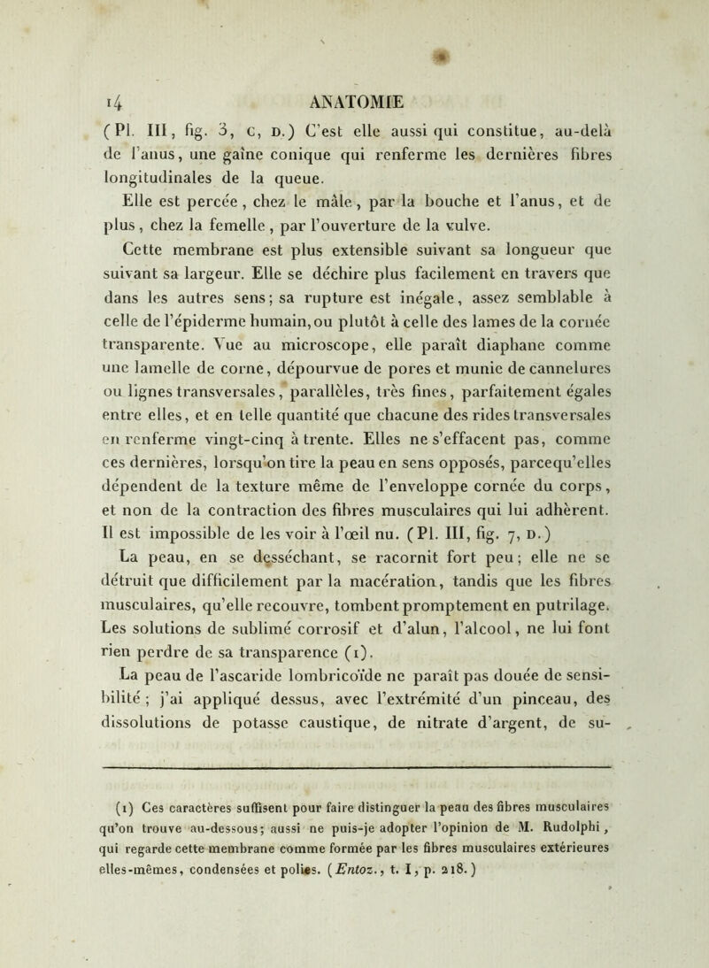 (PI. III, fig. 3, c, D.) C’est elle aussi qui constitue, au-delà de lanus, une gaine conique qui renferme les dernières fibres longitudinales de la queue. Elle est percée, chez le mâle, par la bouche et l’anus, et de plus, chez la femelle , par l’ouverture de la vulve. Cette membrane est plus extensible suivant sa longueur que suivant sa largeur. Elle se déchire plus facilement en travers que dans les autres sens; sa rupture est inégale, assez semblable à celle de l’épiderme humain,ou plutôt à celle des lames de la cornée transparente. ^ ue au microscope, elle paraît diaphane comme une lamelle de corne, dépourvue de pores et munie de cannelures ou lignes transversales, parallèles, très fines, parfaitement égales entre elles, et en telle quantité que chacune des rides transversales en renferme vingt-cinq à trente. Elles ne s’effacent pas, comme ces dernières, lorsqu’on tire la peau en sens opposés, parcequ’elles dépendent de la texture même de l’enveloppe cornée du corps, et non de la contraction des fibres musculaires qui lui adhèrent. Il est impossible de les voir à l’œil nu. (PI. III, fig. 7, D.) La peau, en se desséchant, se racornit fort peu; elle ne se détruit que difficilement par la macération, tandis que les fibres musculaires, qu’elle recouvre, tombent promptement en putrilage. Les solutions de sublimé corrosif et d’alun, l’alcool, ne lui font rien perdre de sa transparence (1). La peau de l’ascaride lombricoïde ne paraît pas douée de sensi- bilité ; j’ai appliqué dessus, avec l’extrémité d’un pinceau, des dissolutions de potasse caustique, de nitrate d’argent, de su- (1) Ces caractères suffisent pour faire distinguer la peau des fibres musculaires qu’on trouve au-dessous; aussi ne puis-je adopter l’opinion de M. Rudolphi, qui regarde cette membrane comme formée par les fibres musculaires extérieures elles-mêmes, condensées et poli«s. (Entozt. I,p. 218.)