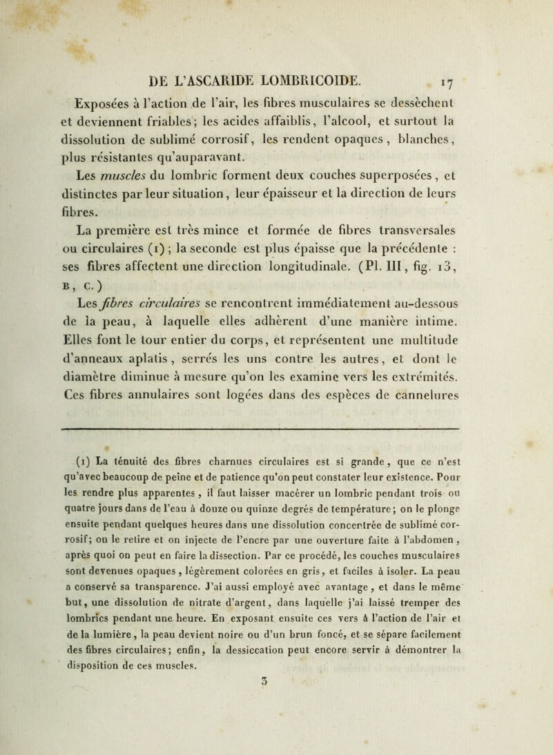 Exposées à l’action de l’air, les fibres musculaires se dessèchent et deviennent friables; les acides affaiblis, l’alcool, et surtout la dissolution de sublimé corrosif, les rendent opaques, blanches, plus résistantes qu’auparavant. Les muscles du lombric forment deux couches superposées , et distinctes par leur situation, leur épaisseur et la direction de leurs fibres. La première est très mince et formée de fibres transversales ou circulaires (1) ; la seconde est plus épaisse que la précédente : ses fibres affectent une direction longitudinale. (PI. III, fig. i3, b, c.) Les fibres circulaires se rencontrent immédiatement au-dessous de la peau, à laquelle elles adhèrent d’une manière intime. Elles font le tour entier du corps, et représentent une multitude d’anneaux aplatis, serrés les uns contre les autres, et dont le diamètre diminue à mesure qu’on les examine vers les extrémités. Ces fibres annulaires sont logées dans des espèces de cannelures (1) La ténuité des fibres charnues circulaires est si grande, que ce n’est qu’avec beaucoup de peine et de patience qu’on peut constater leur existence. Pour les rendre plus apparentes, il faut laisser macérer un lombric pendant trois ou quatre jours dans de l’eau à douze ou quinze degrés de température ; on le plonge ensuite pendant quelques heures dans une dissolution concentrée de sublimé cor- rosif; ou le relire et on injecte de l’encre par une ouverture faite à l’abdomen , après quoi on peut en faire la dissection. Par ce procédé, les couches musculaires sont devenues opaques , légèrement colorées en gris, et faciles à isoler. La peau a conservé sa transparence. J’ai aussi employé avec avantage, et dans le même but, une dissolution de nitrate d’argent, dans laquelle j’ai laissé tremper des lombrics pendant une heure. En exposant ensuite ces vers à l’action de l’air et delà lumière, la peau devient noire ou d’un brun foncé, et se sépare facilement des fibres circulaires; enfin, la dessiccation peut encore servir à démontrer la disposition de ces muscles. 3