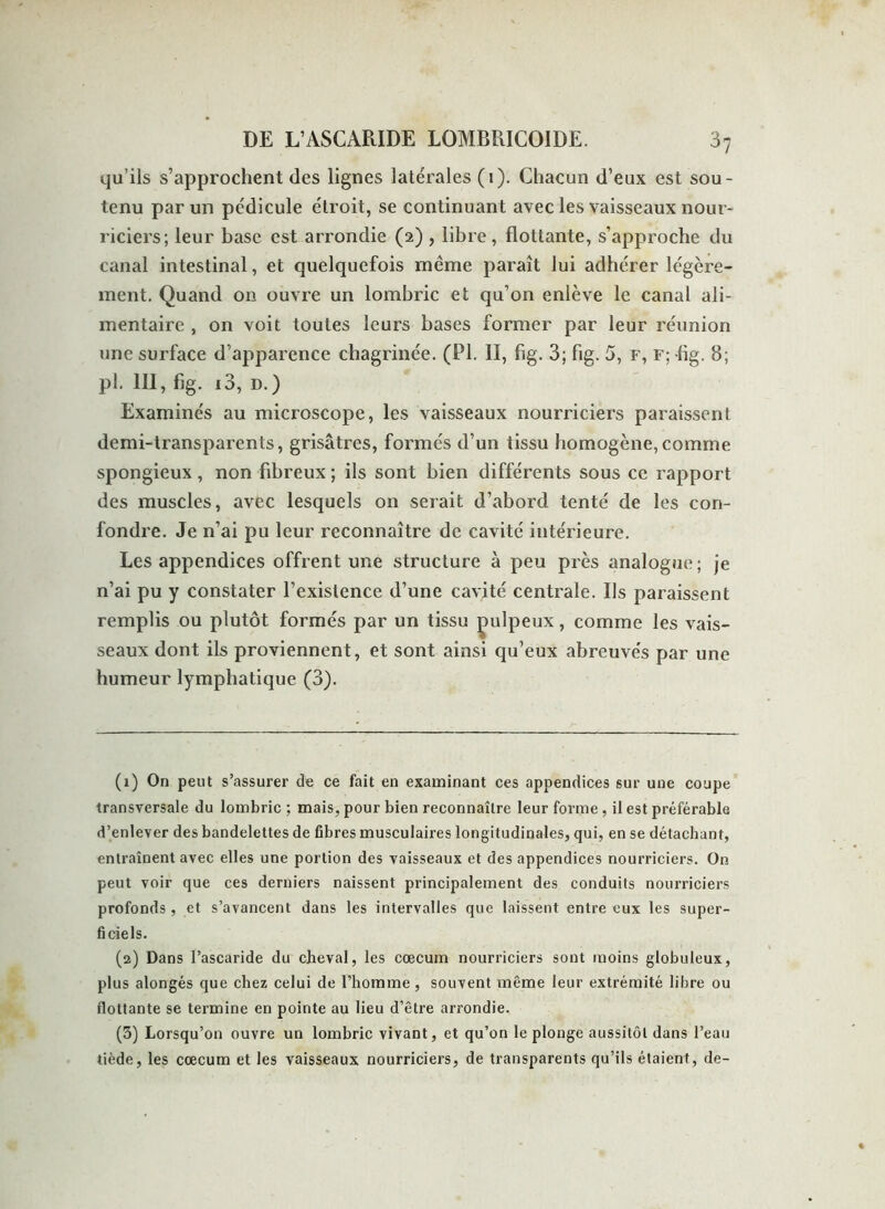 qu’ils s’approchent des lignes latérales (i). Chacun d’eux est sou- tenu parun pédicule étroit, se continuant avec les vaisseaux nour- riciers; leur base est arrondie (2) , libre, flottante, s’approche du canal intestinal, et quelquefois même paraît lui adhérer légère- ment. Quand on ouvre un lombric et qu’on enlève le canal ali- mentaire , on voit toutes leurs bases former par leur réunion une surface d’apparence chagrinée. (PI. II, fig. 3; fig. 5, F, F; fig. B; pl. III, fig. i3, D.) Examinés au microscope, les vaisseaux nourriciers paraissent demi-transparents, grisâtres, formés d’un tissu homogène,comme spongieux, non fibreux ; ils sont bien différents sous ce rapport des muscles, avec lesquels on serait d’abord tenté de les con- fondre. Je n’ai pu leur reconnaître de cavité intérieure. Les appendices offrent une structure à peu près analogue; je n’ai pu y constater l’existence d’une cavité centrale. Us paraissent remplis ou plutôt formés par un tissu çulpeux, comme les vais- seaux dont ils proviennent, et sont ainsi qu’eux abreuvés par une humeur lymphatique (3). (1) On peut s’assurer de ce fait en examinant ces appendices sur une coupe transversale du lombric ; mais, pour bien reconnaître leur forme , il est préférable d’enlever des bandelettes de fibres musculaires longitudinales, qui, en se détachant, entraînent avec elles une portion des vaisseaux et des appendices nourriciers. On peut voir que ces derniers naissent principalement des conduits nourriciers profonds, et s’avancent dans les intervalles que laissent entre eux les super- ficiels. (2) Dans l’ascaride du cheval, les cæcum nourriciers sont moins globuleux, plus alongés que chez celui de l’homme , souvent même leur extrémité libre ou flottante se termine en pointe au lieu d’être arrondie. (3) Lorsqu’on ouvre un lombric vivant, et qu’on le plonge aussitôt dans l’eau tiède, les cæcum et les vaisseaux nourriciers, de transparents qu’ils étaient, de-