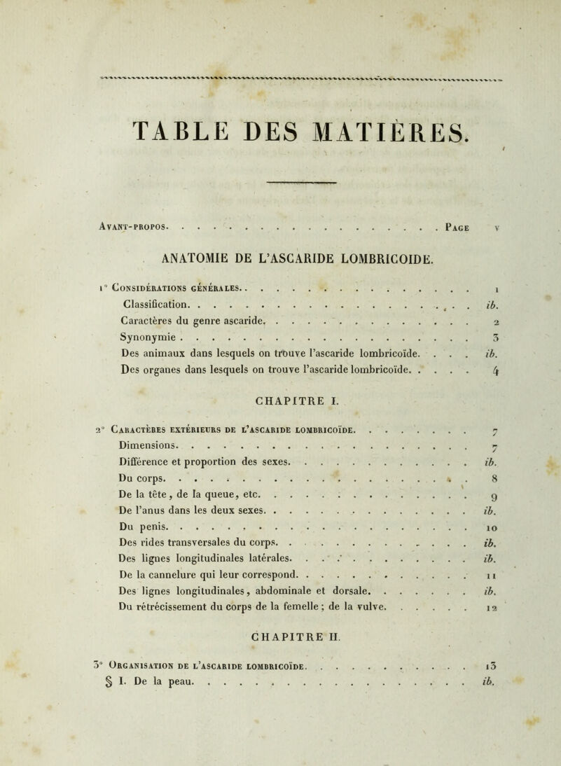 TABLE DES MATIÈRES / Avant-propos Page v ANATOMIE DE L’ASCARIDE LOMBRICOIDE. i° Considérations générales Classification . Caractères du genre ascaride Synonymie Des animaux dans lesquels on trouve l’ascaride lombricoïde. . . Des organes dans lesquels on trouve l’ascaride lombricoïde 1 ib. i 5 ib. CHAPITRE I. 2“ Caractères extérieurs de l’ascaride lombricoïde 7 Dimensions j Différence et proportion des sexes ib. Du corps 8 De la tête, de la queue, etc g De l’anus dans les deux sexes ib. Du pénis Des rides transversales du corps. ib. Des lignes longitudinales latérales. . ib. De la cannelure qui leur correspond 11 Des lignes longitudinales, abdominale et dorsale ib. Du rétrécissement du corps de la femelle ; de la vulve 12 CHAPITRE II. 3° Organisation de l’ascaride lombricoïde i3 § I. De la peau ib.