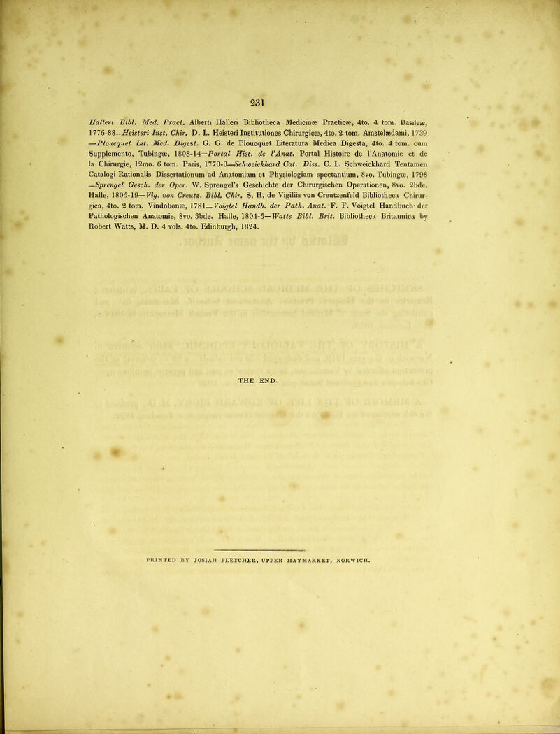 Halleri Bibl. Med. Pract. Alberti Halleri Bibliotheca Medicinse Practice, 4to. 4 tom. Basileae, 1776-88—Heisteri Inst. Chir. D. L. Heisteri Institutiones Chirurgicae, 4to. 2 tom. Amstelaedami, 1739 —Ploucquet Lit. Med. Digest. G. G. de Ploucquet Literatura Medica Digesta, 4to. 4 tom. cum Supplemento, Tubingae, 1808-14—Portal Hist, de VAnat. Portal Histoire de l’Anatomie et de la Chirurgie, 12mo. 6 tom. Paris, 1770-3—Schweickhard Cat. Diss. C. L. Schweickhard Tentamen Catalogi Rationalis Dissertationum ad Anatomiam et Physiologiam spectantium, 8vo. Tubingae, 1798 —Sprengel Gesch. der Oper. W. Sprengel’s Geschichte der Chirurgischen Operationen, 8vo. 2bde. Halle, 1805-19— Vig. von Creutz. Bibl. Chir. S. H. de Vigiliis von Creutzenfeld Bibliotheca Chirur- gica, 4to. 2 tom. Vindobonae, 1781 Voigtel Handb. der Path. Anat. F. F. Voigtel Handbuch-der Pathologischen Anatomie, 8vo. 3bde. Halle, 1804-5— Watts Bibl. Brit. Bibliotheca Britannica by Robert Watts, M. D. 4 vols. 4to. Edinburgh, 1824. THE END. PRINTED BY JOSIAH FLETCHER, UPPER HAYMARKET, NORWICH.