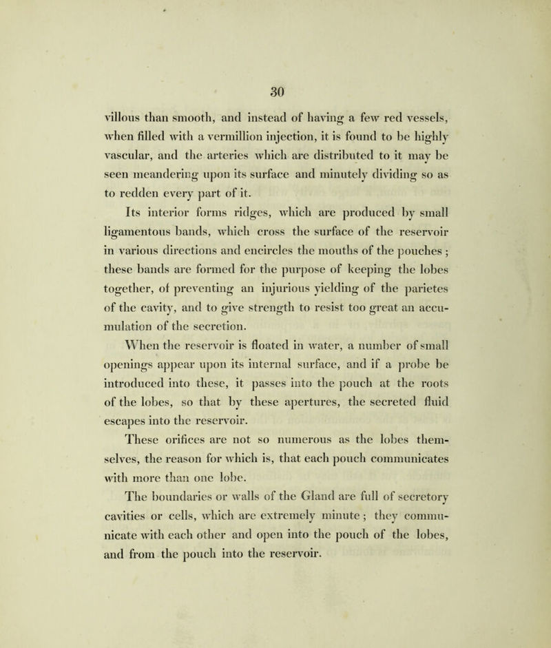 villous than smooth, and instead of having a few red vessels, when filled with a vermillion injection, it is found to he highly vascular, and the arteries which are distributed to it may be seen meandering upon its surface and minutely dividing so as to redden every part of it. Its interior forms ridges, which are produced by small ligamentous bands, which cross the surface of the reservoir in various directions and encircles the mouths of the pouches ; these bands are formed for the purpose of keeping the lobes together, of preventing an injurious yielding of the parietes of the cavity, and to give strength to resist too great an accu- mulation of the secretion. When the reservoir is floated in water, a number of small openings appear upon its internal surface, and if a probe be introduced into these, it passes into the pouch at the roots of the lobes, so that by these apertures, the secreted fluid escapes into the reservoir. These orifices are not so numerous as the lobes them- selves, the reason for which is, that each pouch communicates with more than one lobe. The boundaries or walls of the Gland are full of secretory cavities or cells, which are extremely minute; they commu- nicate with each other and open into the pouch of the lobes, and from the pouch into the reservoir.